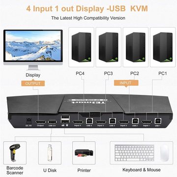 TESmart »DisplayPort KVM Switch mit 4 Port 4K@60Hz 4:4:4 Ultra HD, DP KVM Switch mit zusätzlichem USB 2.0-Port unterstützt Auto Scan&IR-Fernbedienung Inklusive 4 Stck. 1,5 m KVM-Kabel-Mattschwarz« Computer-Adapter