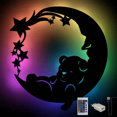 Namofactur LED Nachtlicht "Sweet Dreams" Bär auf Mond - Schlaflicht mit Farbwechsel RGB, LED fest integriert, Farbwechsler, Wanddekoobjekt Kinderzimmer Leuchte mit Fernbedienung
