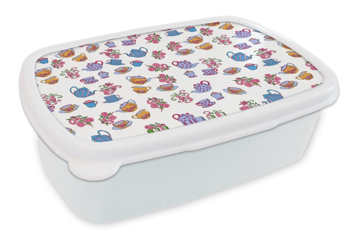 MuchoWow Lunchbox Muster - Tee - Rosen - Teekanne, Kunststoff, (2-tlg), Brotbox für Kinder und Erwachsene, Brotdose, für Jungs und Mädchen weiß