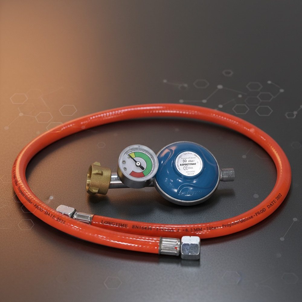 Feel2Home Gasgrill Gas Schlauch + Druckminderer inkl. Manometer Gasregler Propan Butan, Stück, Manometer, Sicherheitsventil, Schlauch, Inkl. Manometer
