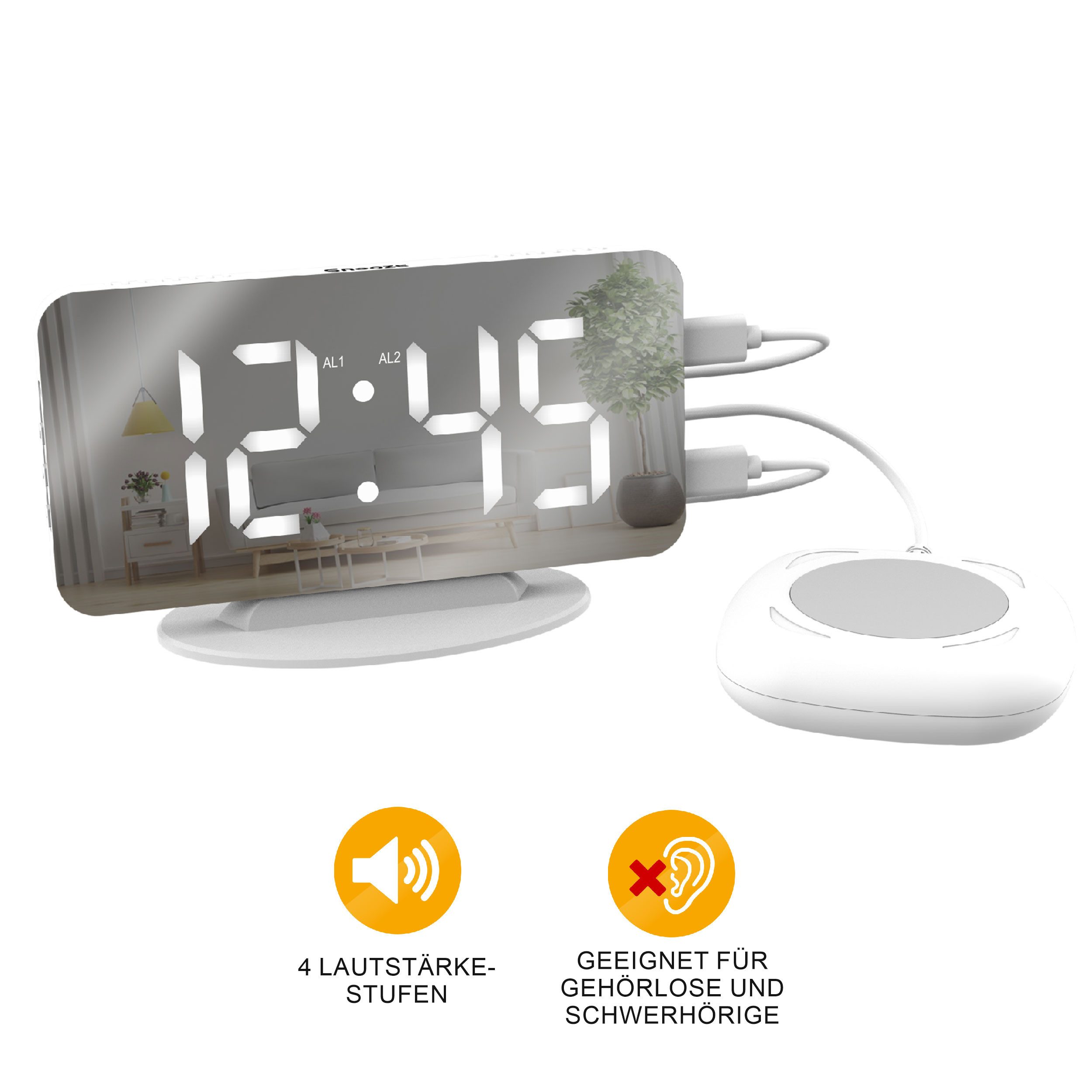 Miraval Quarzwecker Miraval Spiegelwecker mit Vibrationskissen 3 Weckmodi, Vibrationskissen, USB-C Ladeanschlüsse