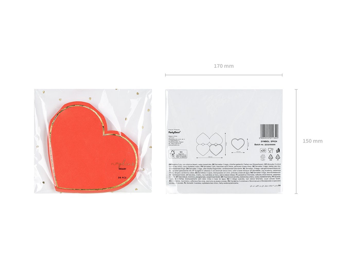 partydeco Papierserviette, Servietten Herz 14,3x12,5cm 20 Stück rot gold
