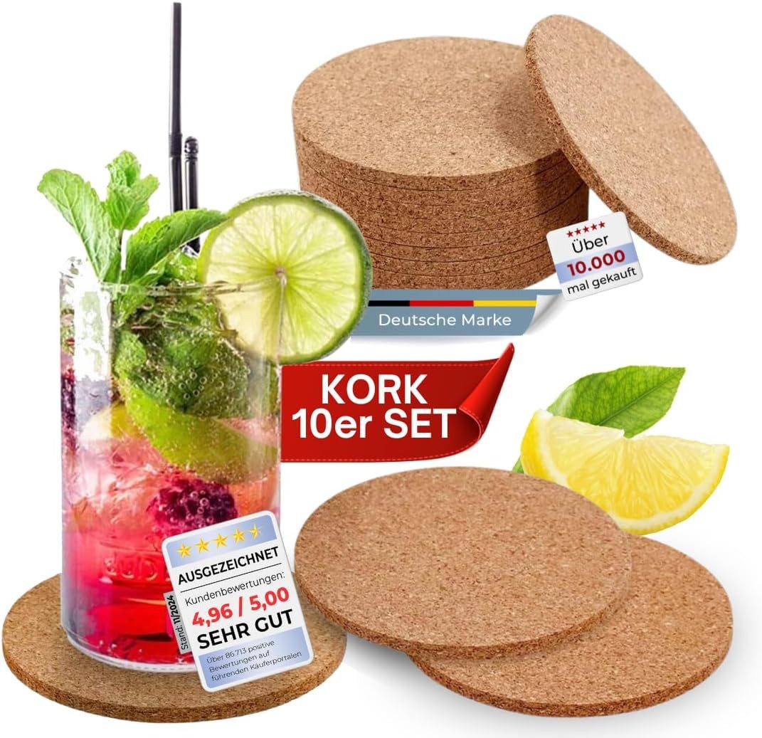 wortek Getränkeuntersetzer Kork Untersetzer Getränkeunterlage Braun, Zubehör für Getränke, Gläser, Tassen, 10er Set, 10-tlg., Kork Glasuntersetzer für Getränke - Tischuntersetzer aus Kork Ø 10 cm