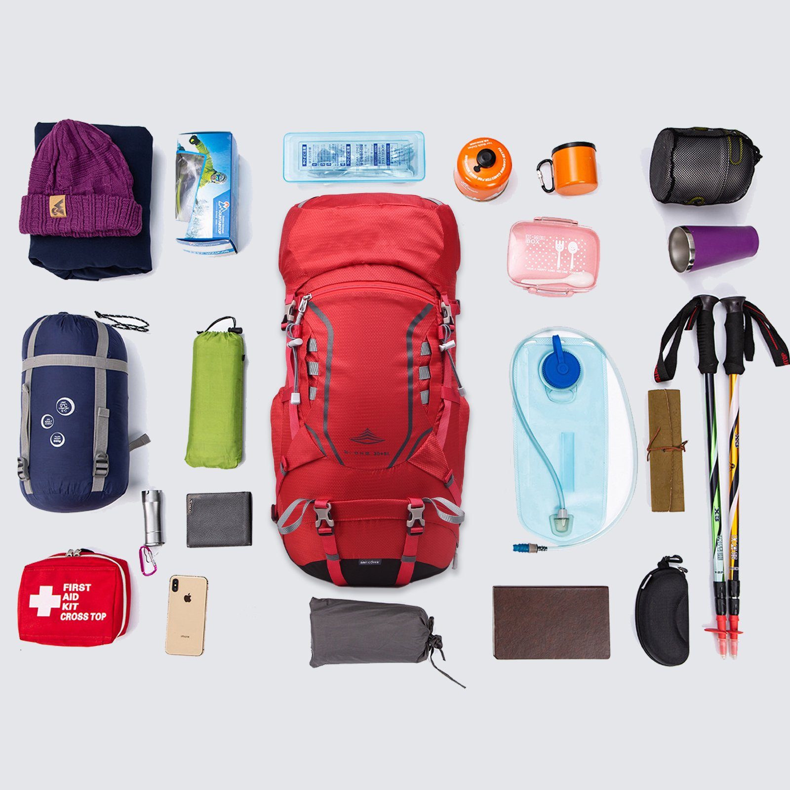 (30L+5L) Rot Trekking 35L mit Regenschutz), Großer Wanderrucksack Reisen Wanderrucksack Rückenbelüftung TAN.TOMI (Einschließlich Camping Regenschutz Outdoor mit für