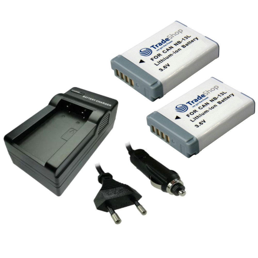 Trade-Shop 3in1 Set passend für Canon PowerShot G5 X Mark II G7 X Ladegerät + 2x Kamera-Akku Li-Ion 1250 mAh (3,6 V), Für 220V Steckdose und 12V/24V Kfz Zigarettenanzünder