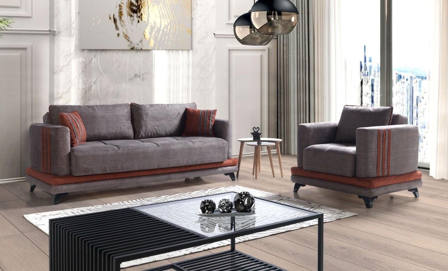 Sofa In Made Sofa Sessel, Europe Sofagarnitur Textil 3+1 Modern JVmoebel Sitzer Sitzer Holz 3