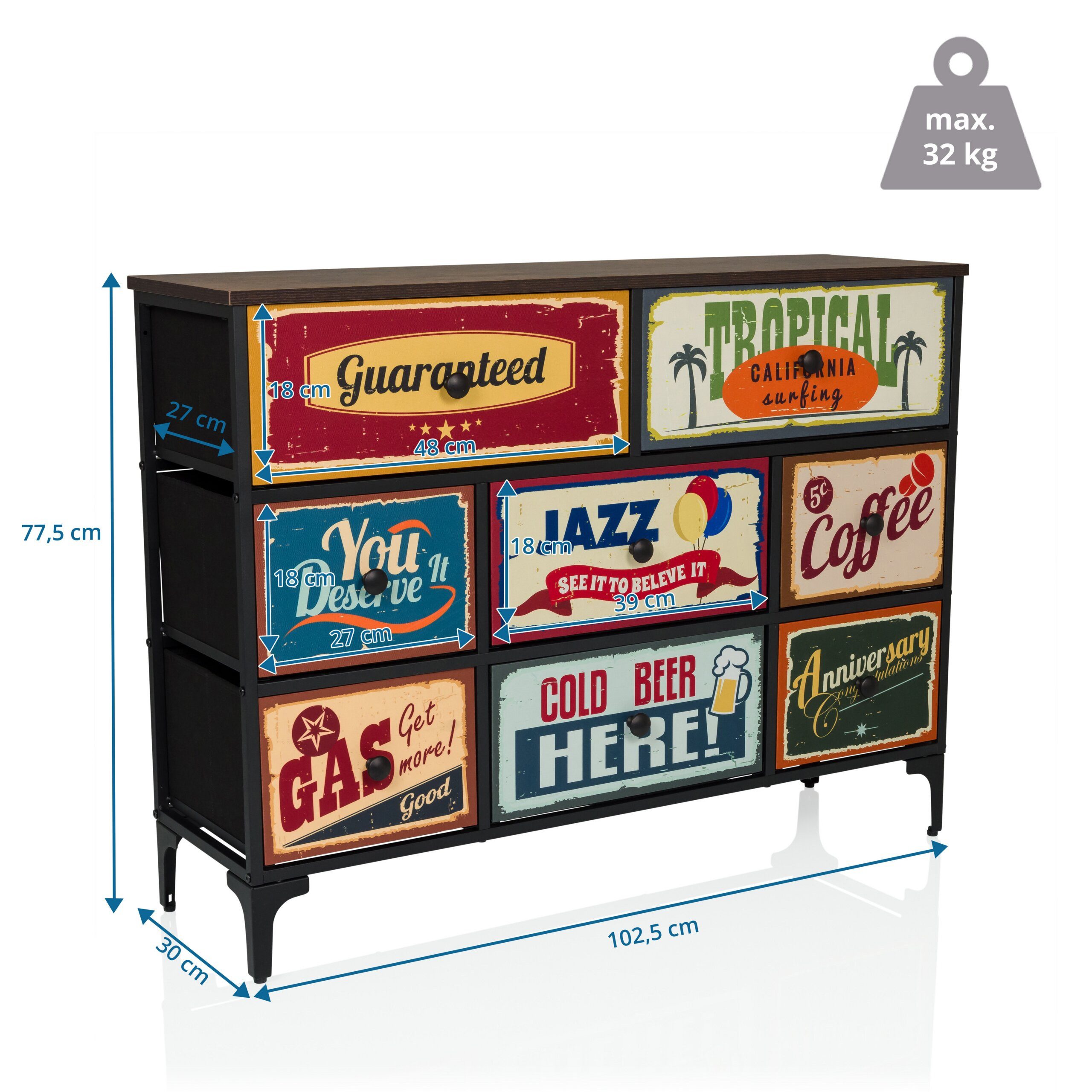 hjh LIVING Kommode AMERIKO B Sideboard H/B/T: 77.5 x 102.5 x 30.0 cm, Schubladenkommode im Vintage-Look mit 8 Schubladen, Retro Sideboard