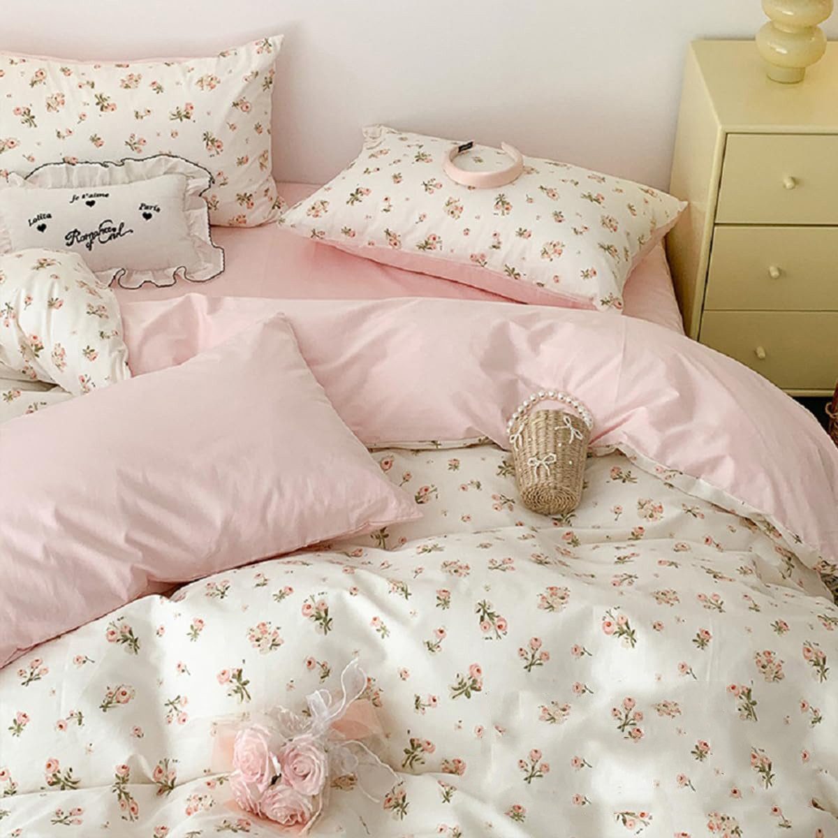 Agger Bettwäsche Wendebettwäsche Set Pink Weiß Blumen & Blätter – Aesthetic, 4 teilig, mit Reißverschluss, weiche moderne Bettbezug Garnitur für Schlafzimmer – Bild 2 von 5