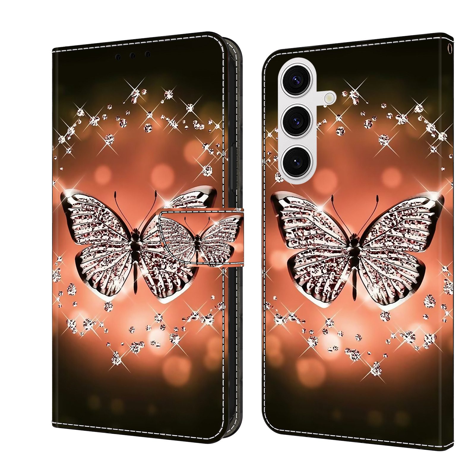 CLM-Tech Handytasche für Samsung Galaxy S24 FE Hülle aus Kunstleder Klapphülle (Schmetterling Diamanten Muster, Handyhülle mit Standfunktion - Wallet Flip Case inklusive Kartenfächer), mit Magnetverschluss - Samsung Galaxy S24 FE 6,7 Zoll Schutzhülle