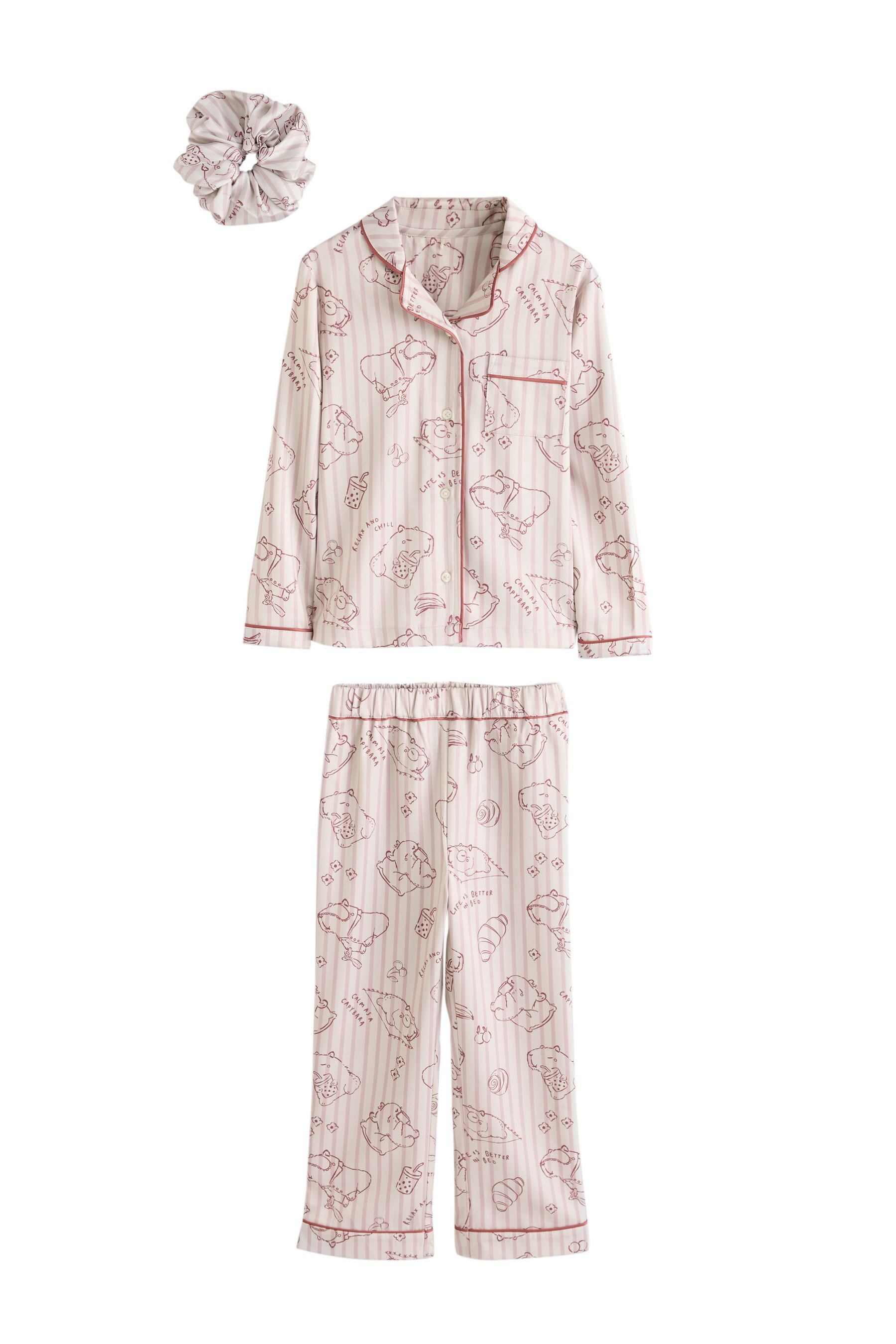 Next Pyjama Capybara Satinschlafanzug mit Knopfleiste (2 tlg)