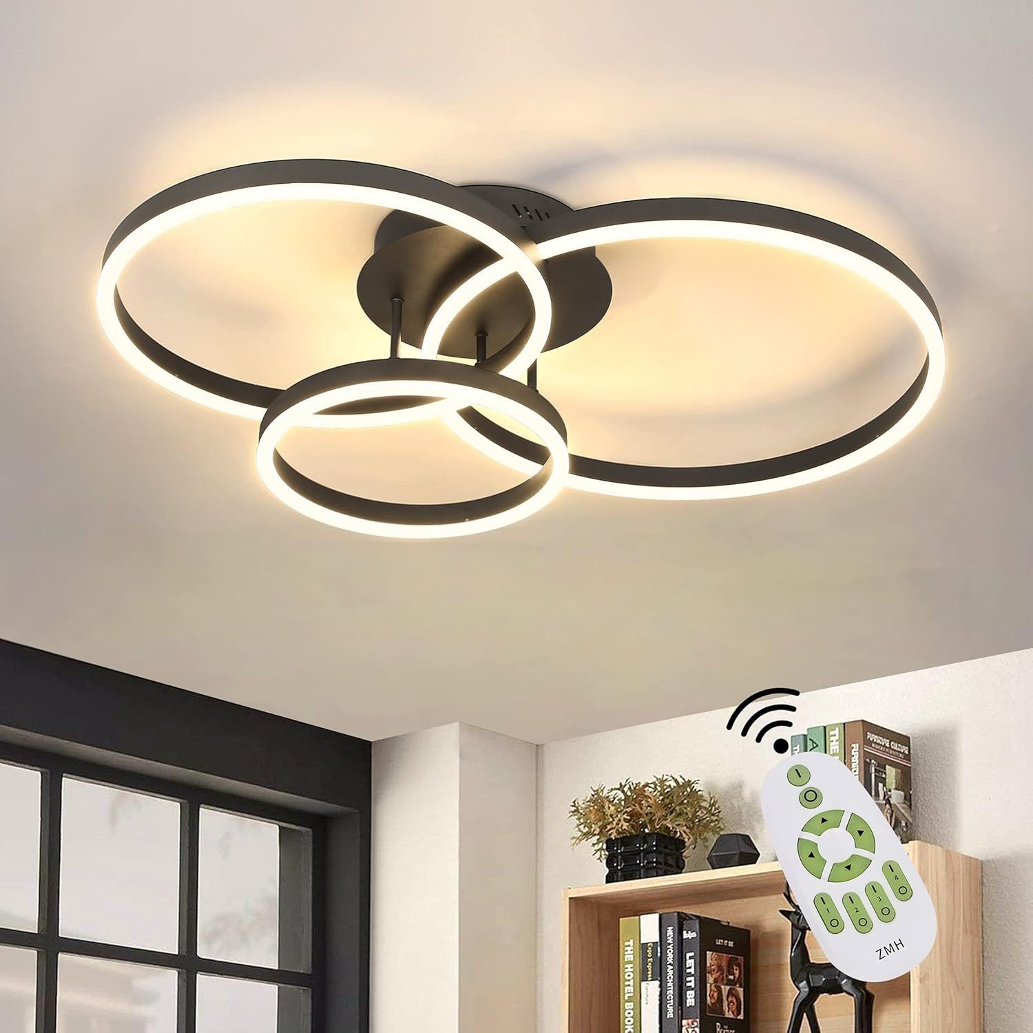 ZMH LED Deckenleuchte Dimmbar Schwarz/Gold Ringe Deckenlampe Modern 46/74W günstig online kaufen