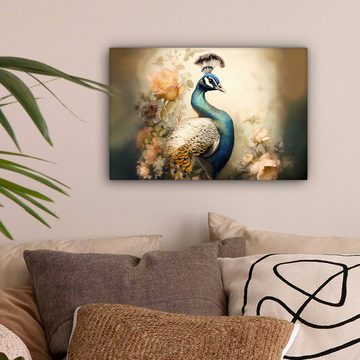 OneMillionCanvasses® Leinwandbild Pfau - Pfauenfedern - Blumen - Botanisch, (1 St), Leinwand Bilder Klein, Wand Dekoration 30x20 cm