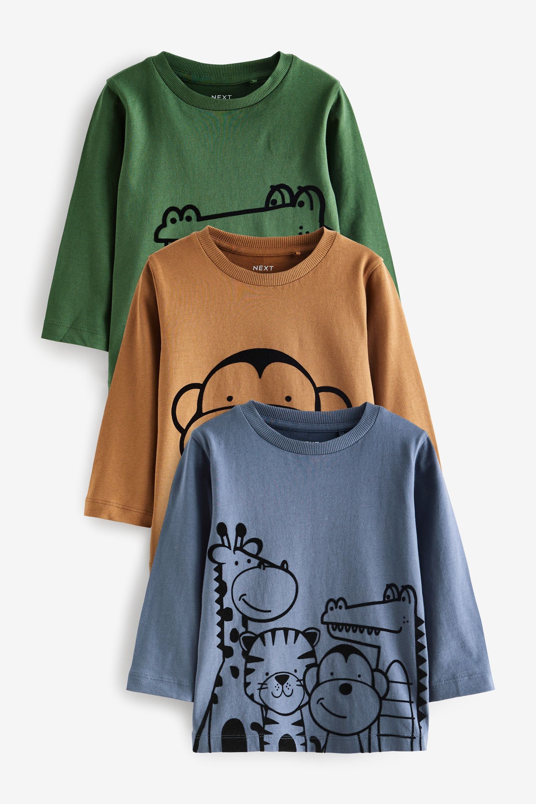Next Langarmshirt Langärmelige Shirts mit Figurenmotiv im 3er-Pack (3-tlg) Green/Blue/Yellow Linear Animals