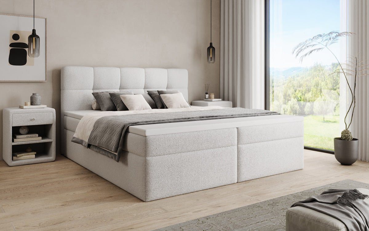 Luxusbetten24 Boxspringbett Cozy II in Teddy Bouclé, mit Stauraum, inklusive Topper