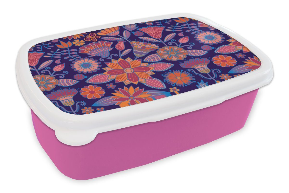 MuchoWow Lunchbox Schmetterling - Blumen - Muster, Kunststoff, (2-tlg), Brotbox für Erwachsene, Brotdose Kinder, Snackbox, Mädchen, Kunststoff rosa