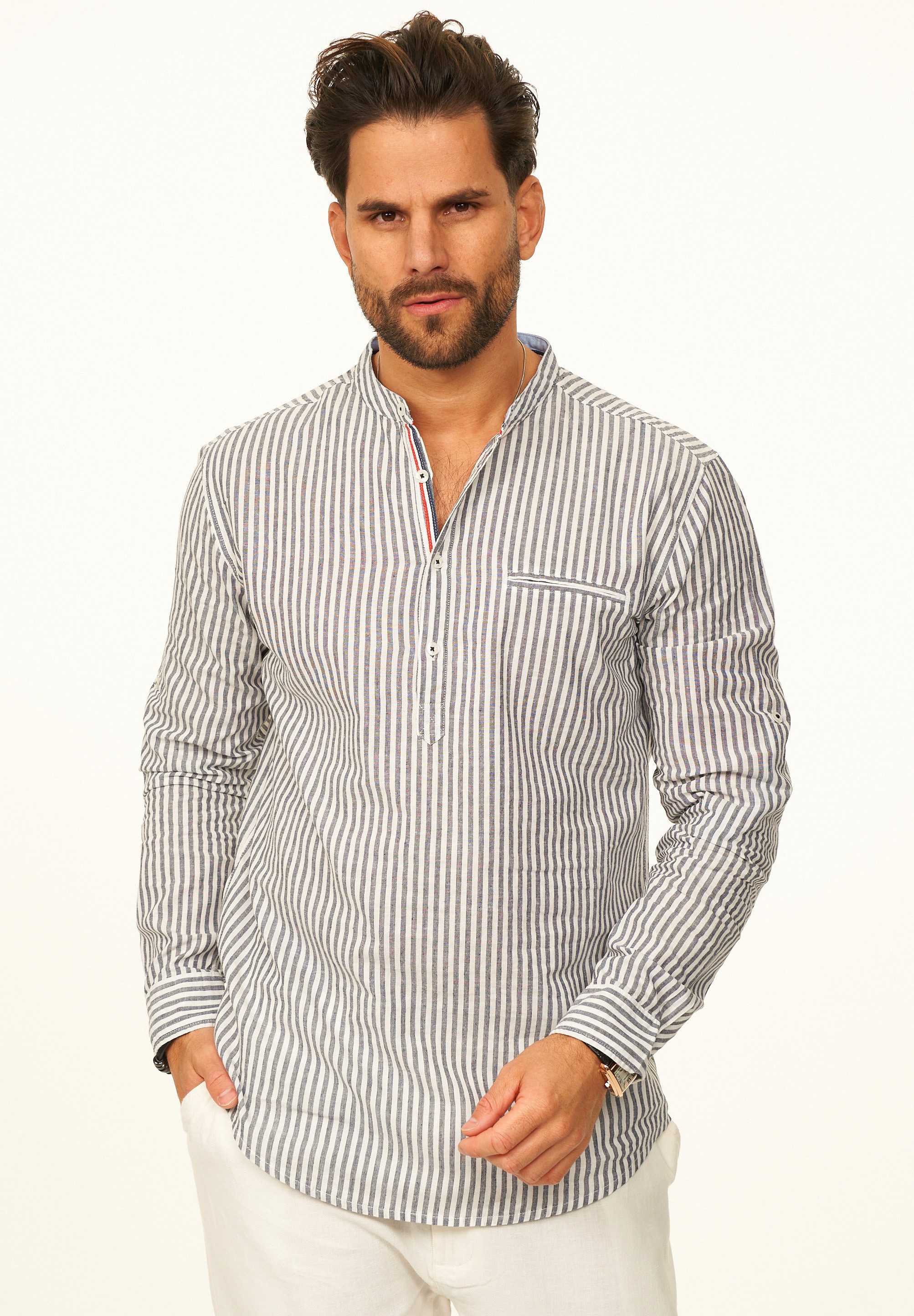 behype Langarmhemd Gestreift im Regular-Fit mit Henley-Stehkragen Herren Sommerhemd als Freizeithemd