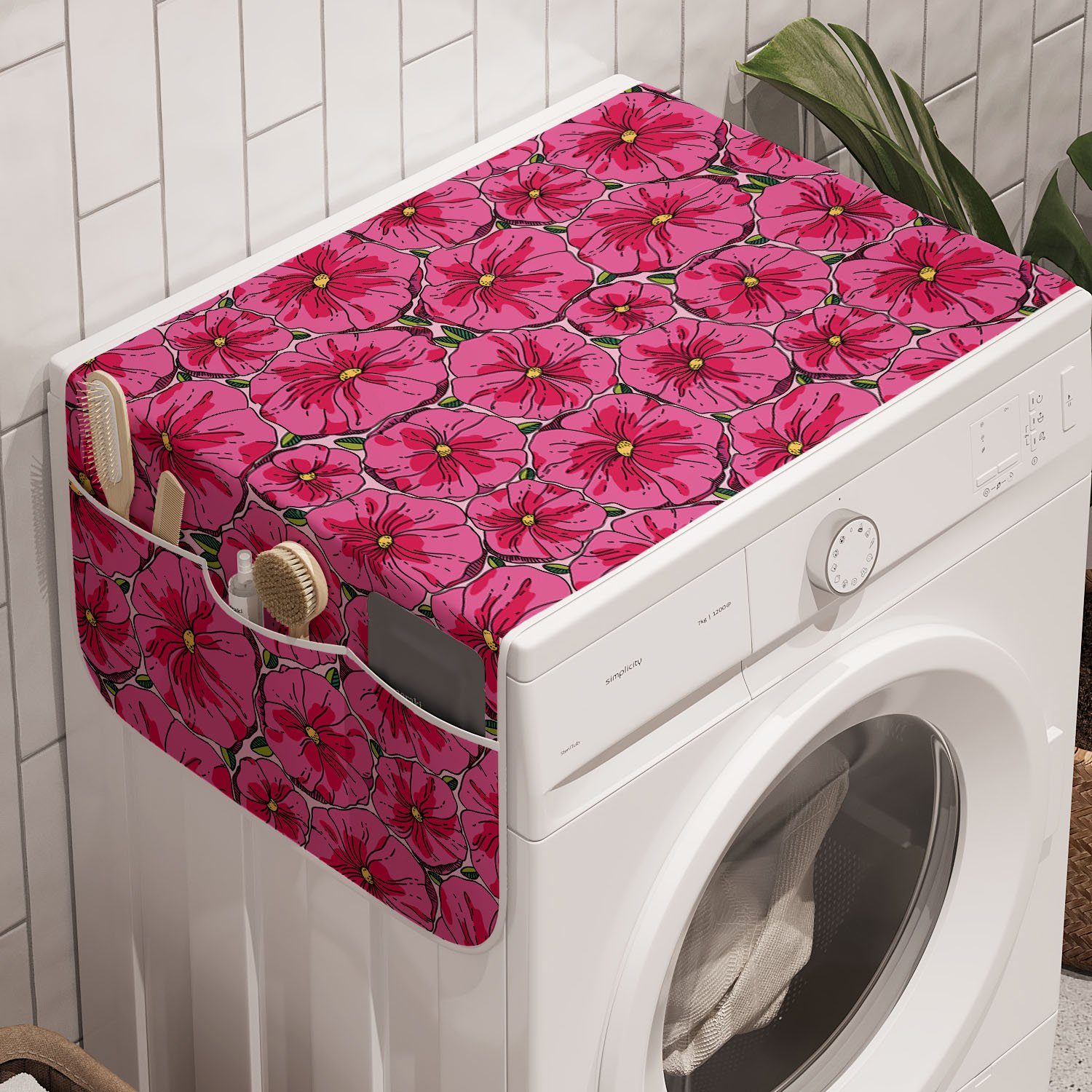 Abakuhaus Badorganizer Anti-Rutsch-Stoffabdeckung für Waschmaschine und Trockner, Blumen Pinkish Wiese Blüte Mohn