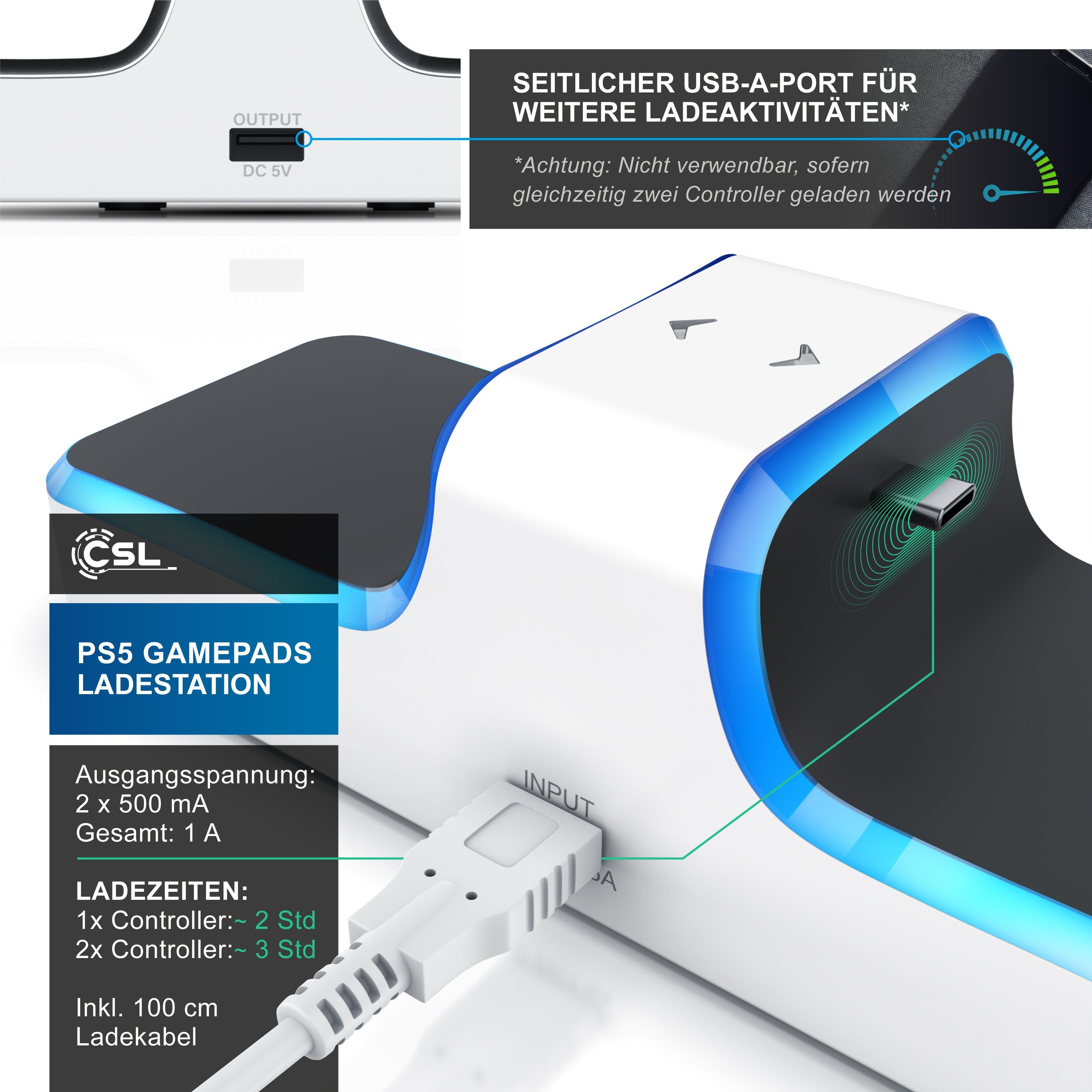 CSL PS5 Controller Ladestation, Twin Charge Playstation Wireless Gamepad DualSense-Ladestation (1000 mA, Schnell Ladegerät mit USB Ladekabel & LED Anzeige)
