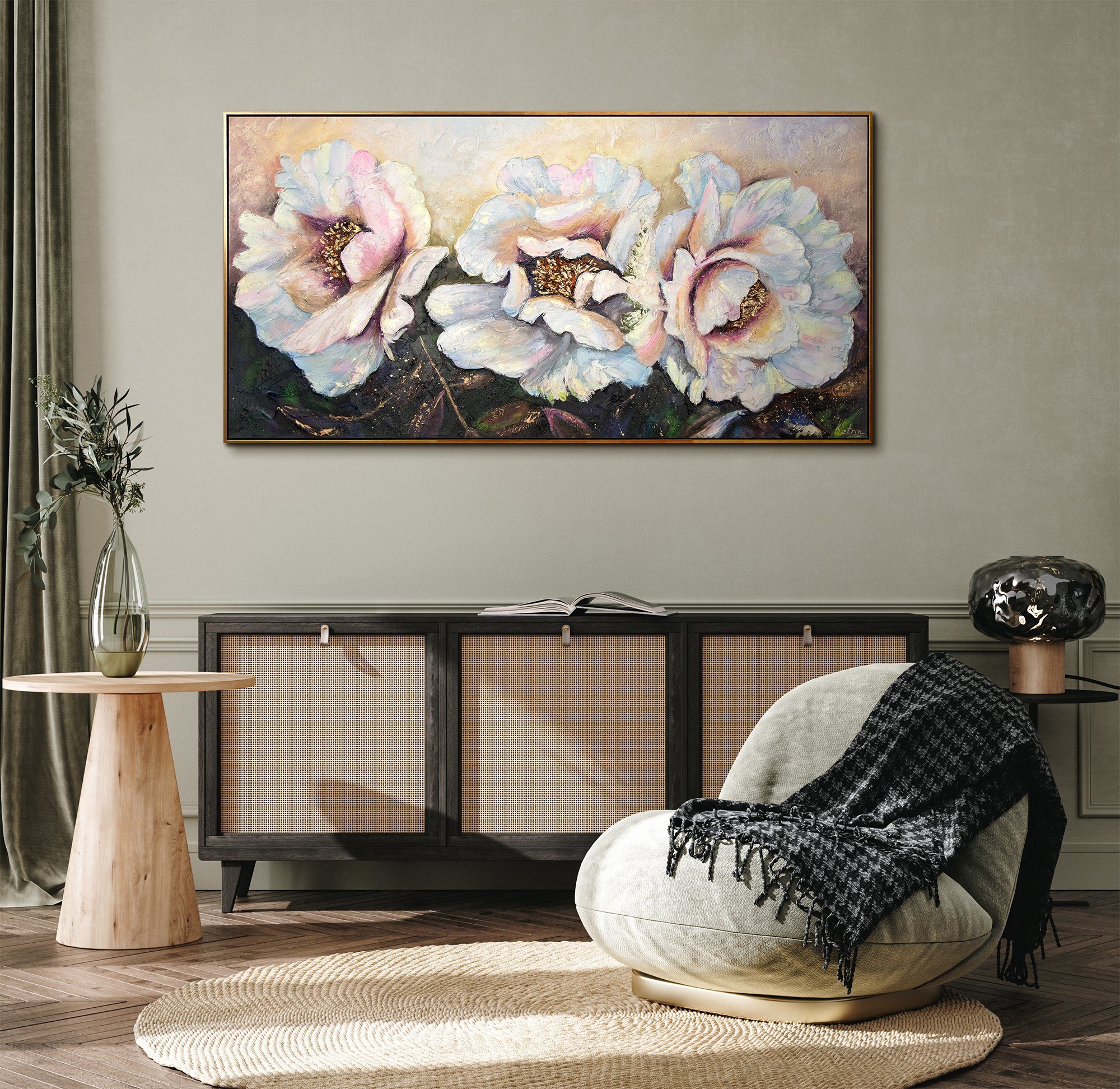 Bild Schwarz Handgemalt Pfingstrosen, Schwarz Leinwand in Rahmen Blumen, YS-Art Gold Gold mit Pfingstrose Gemälde Weiß Mit