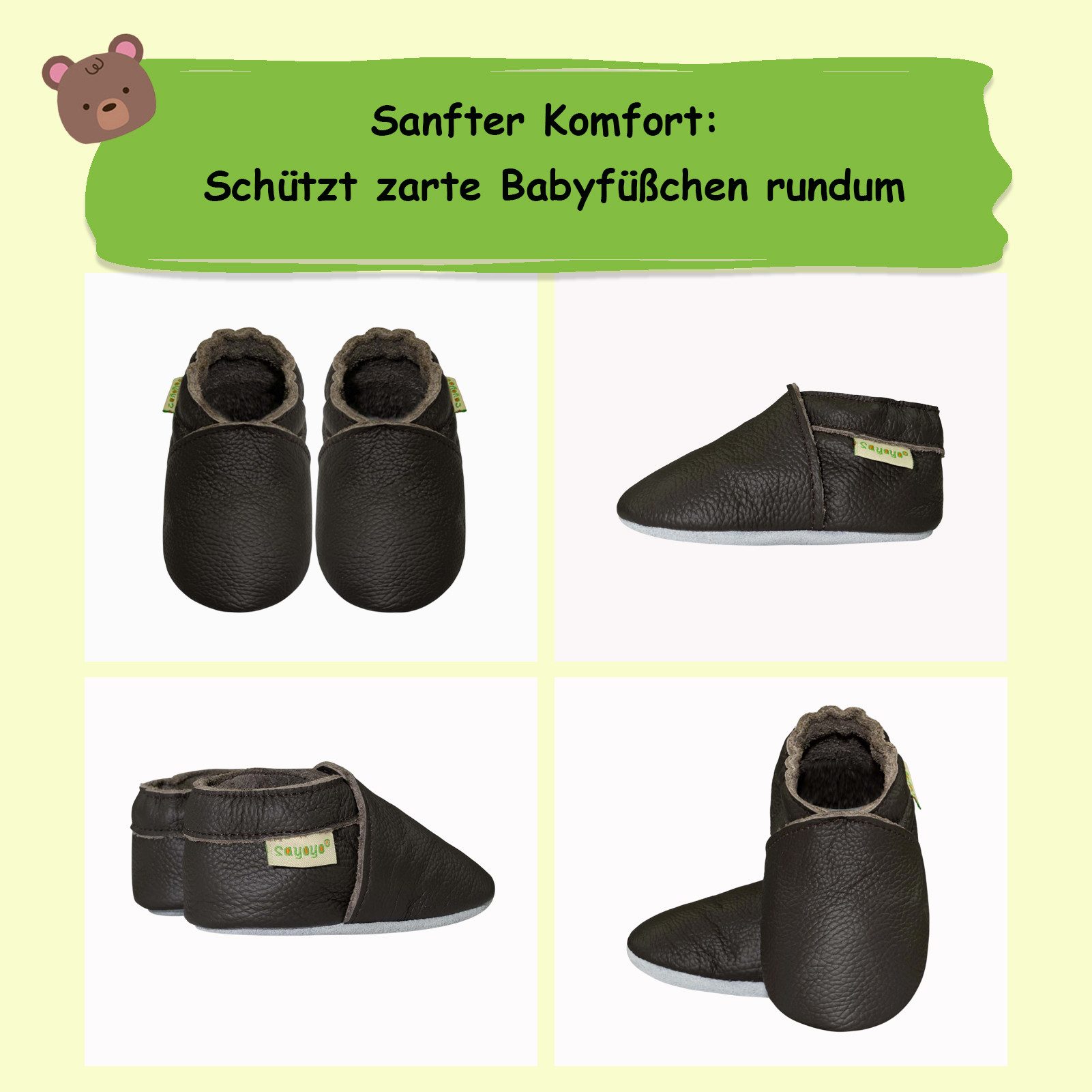 Sayoyo Weiche Leder Lauflernschuhe Hausschuhe Lederpuschen Erdiges Braun Lauflernschuh (Handgenäht, weiche, leichte, flexible, rutschfest) 100 % echtes Leder