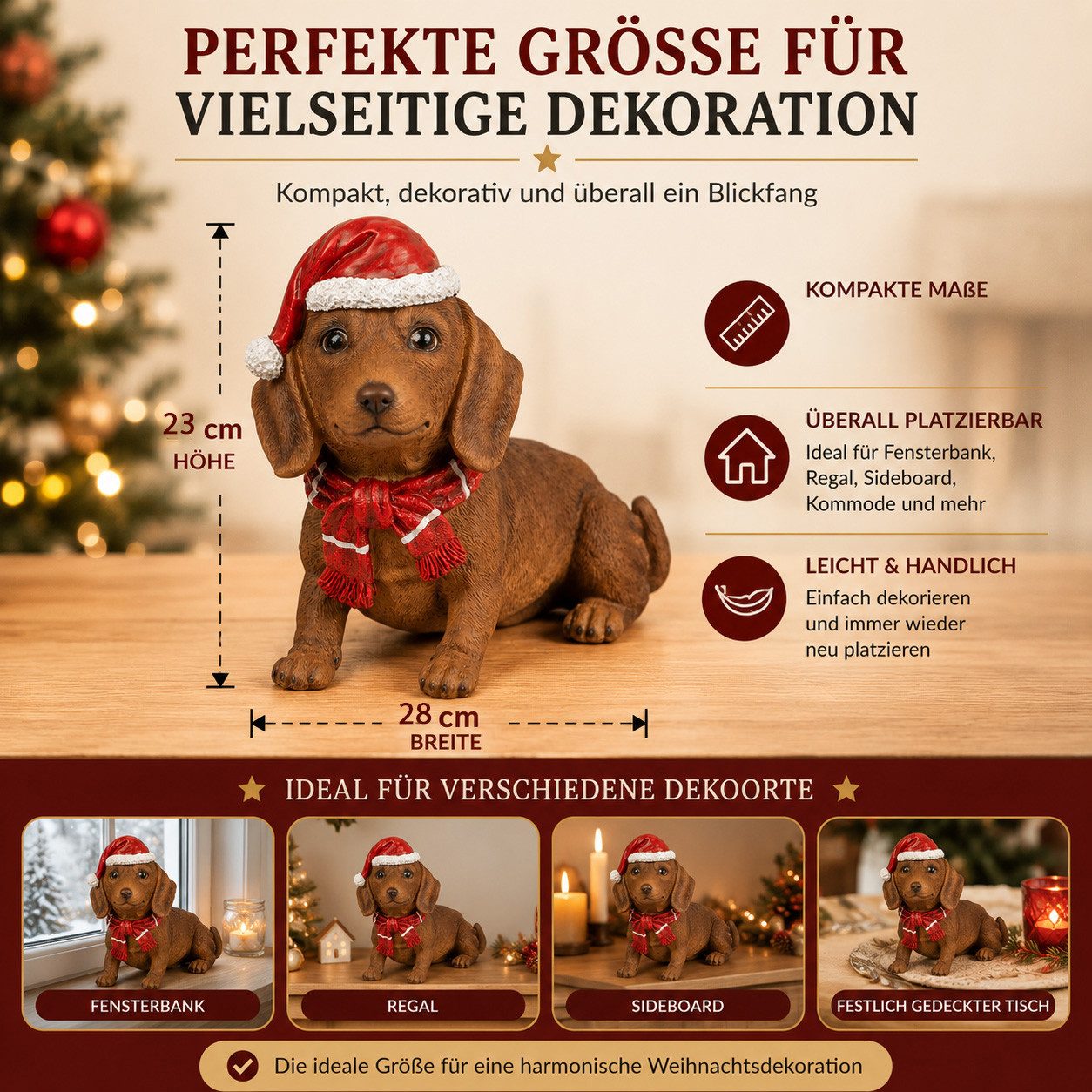 formano Dekofigur Weihnachts-Dackel Dekofigur mit Mütze & Schal 28 x 23 x 13 cm – Bild 4 von 5