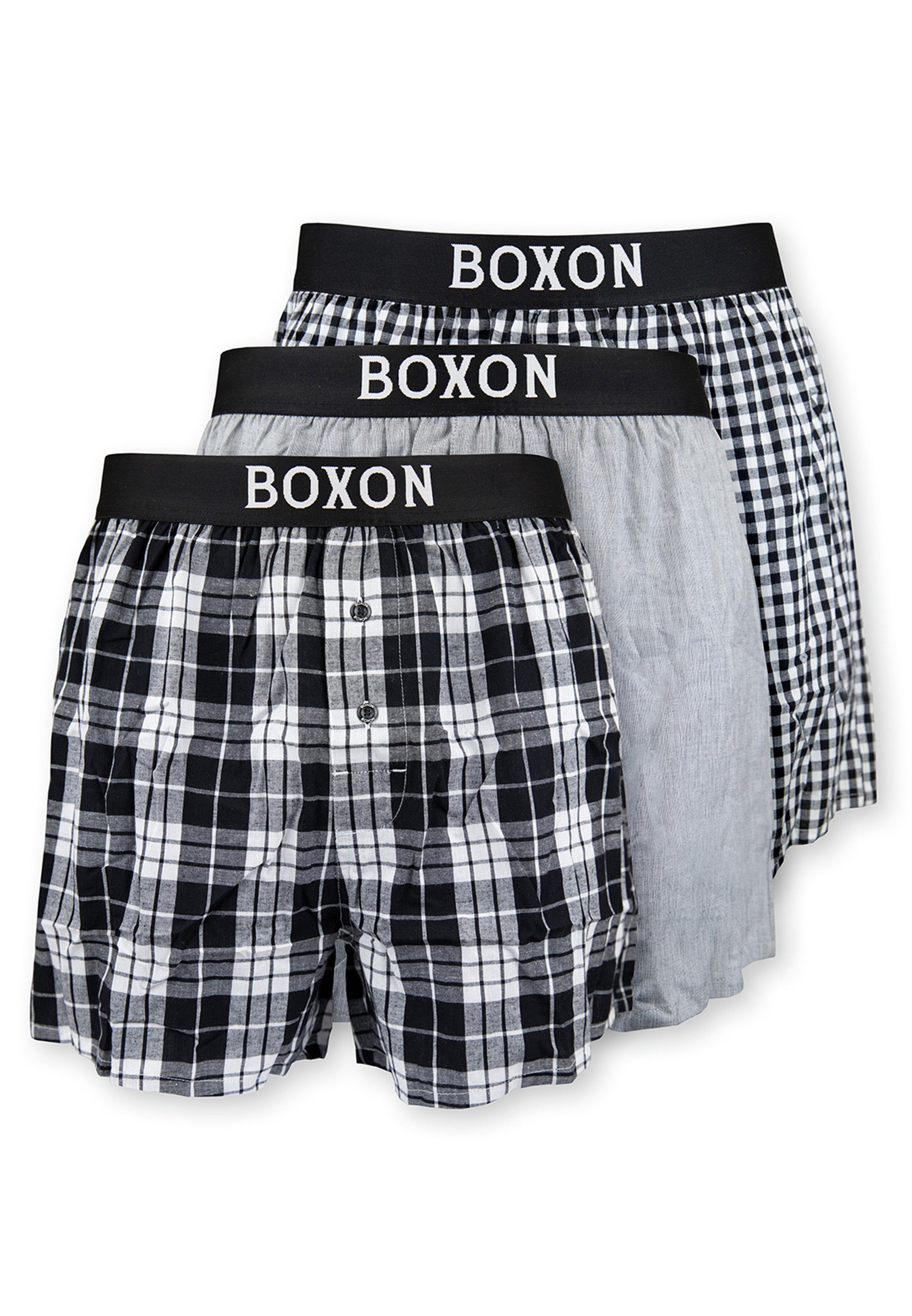 BOXON Boxershorts 3er Pack Web (Spar-Set, 3-St) Boxershorts - Baumwolle - Mit Eingriff - Softer Gummibund Schwarz