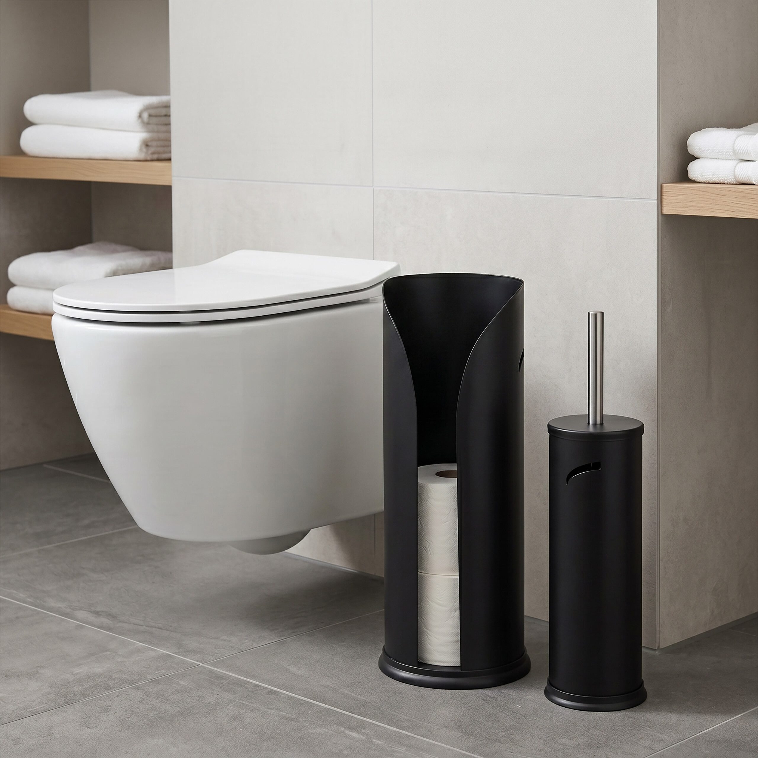 relaxdays WC-Garnitur Badezimmer Set Rollenhalter & WC-Bürste, Alle handelsüblichen Klopapierrollen, (2-tlg), schwarz – Bild 2 von 5
