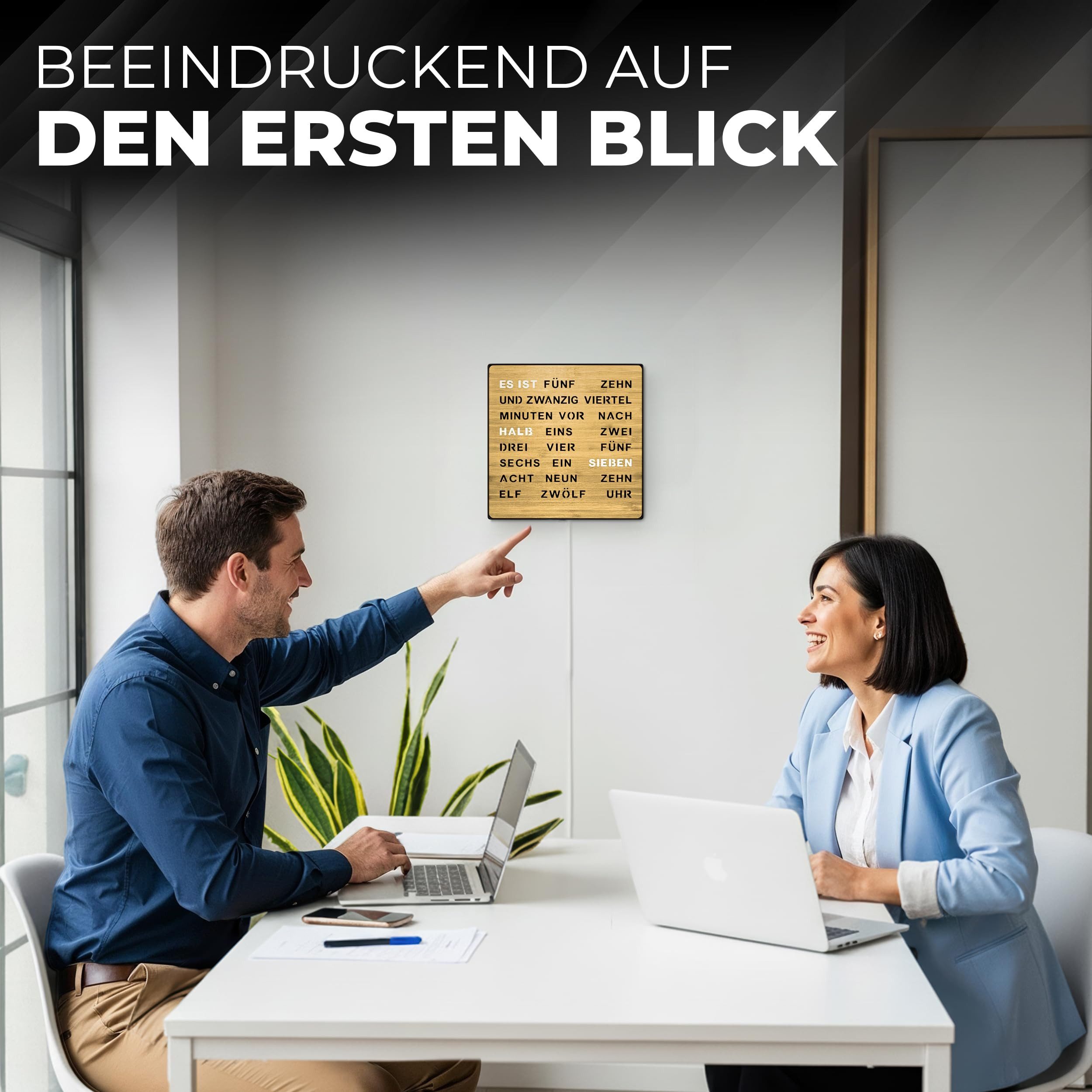 Bada Bing Uhr LED Wortuhr Tischuhr Wanduhr Uhr mit USB Kabel (Bambus Holzfront, LED Beleuchtung, Zeitanzeige in Worten)