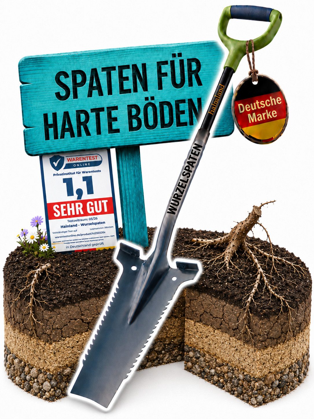 halmland Spaten Wurzelspaten, Spaten mit scharfen Zähnen für schwierige Böden, (halmland), Stabiler Gartenspaten mit scharfer Wurzelsäge, rückenschonend