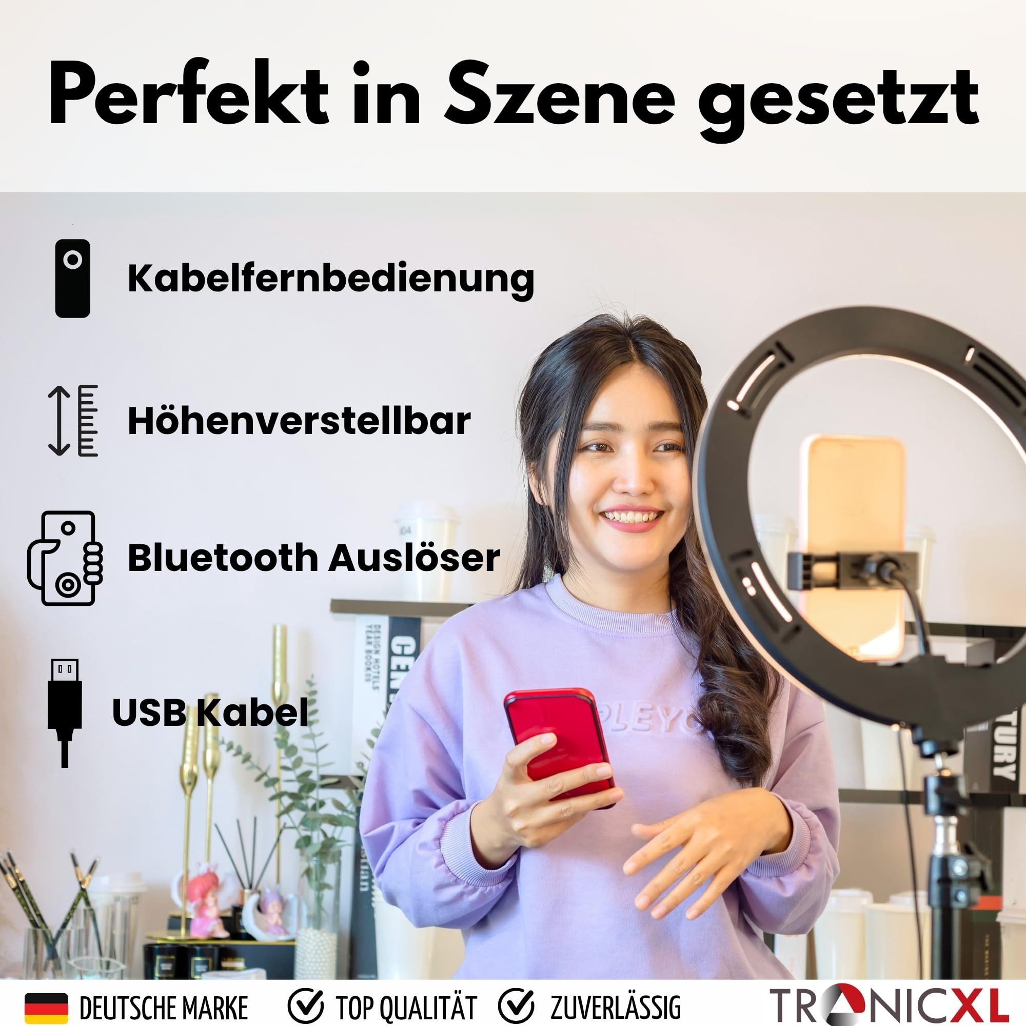 TronicXL Ringlicht RGB LED Ringlicht mit 210cm Stativ + Auslöser Smartphone Halterung, Tripod Ring Light Selfie Bluetooth Selbstauslöser Handy