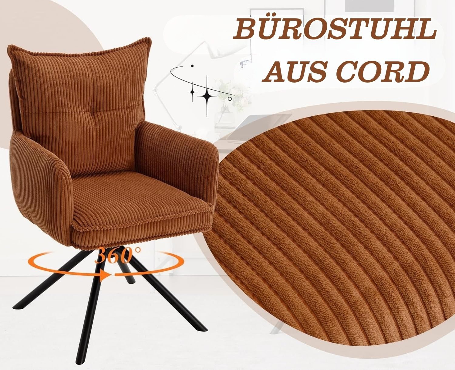 WAHSON OFFICE CHAIRS Bürostuhl Kordsamt-Bürostuhl, ergonomisch, 360° drehbar mit Metallgestell – Bild 5 von 5