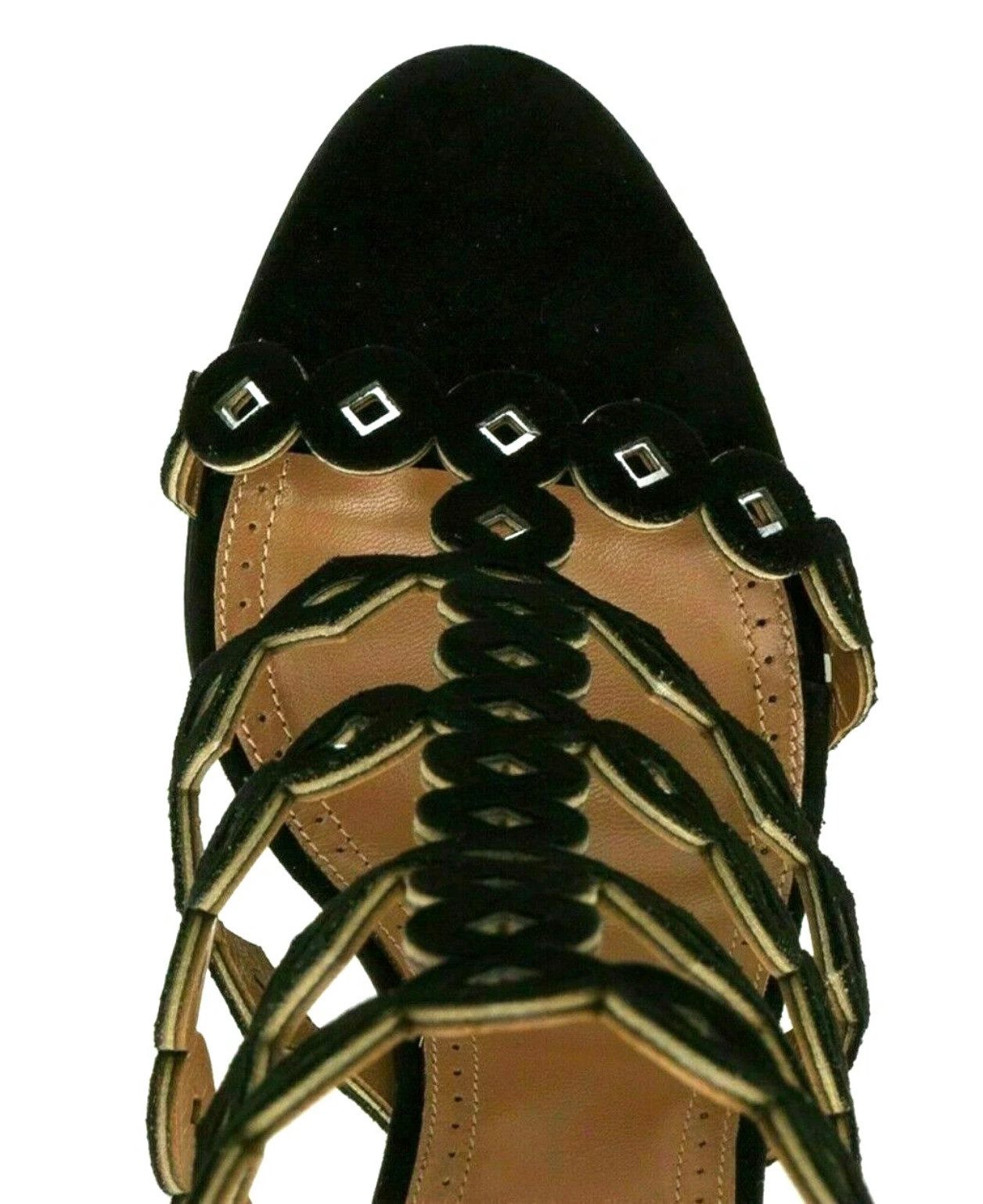 ALAÏA PARIS Circles & Diamonds Samt Laser Cut Metal Sandalen Schuhe 38 High-Heel-Pumps Karton in Lederoptik mit Metallecken und Lederriemenverschluss