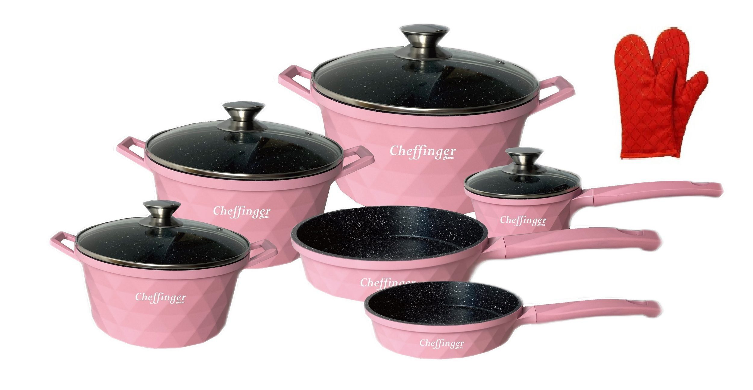 Rungassi Topf-Set Kochtopf Kasserolle Bratpfannen Set 12-tlg DIAC12 Rosa, Material: Aluminium, Glas