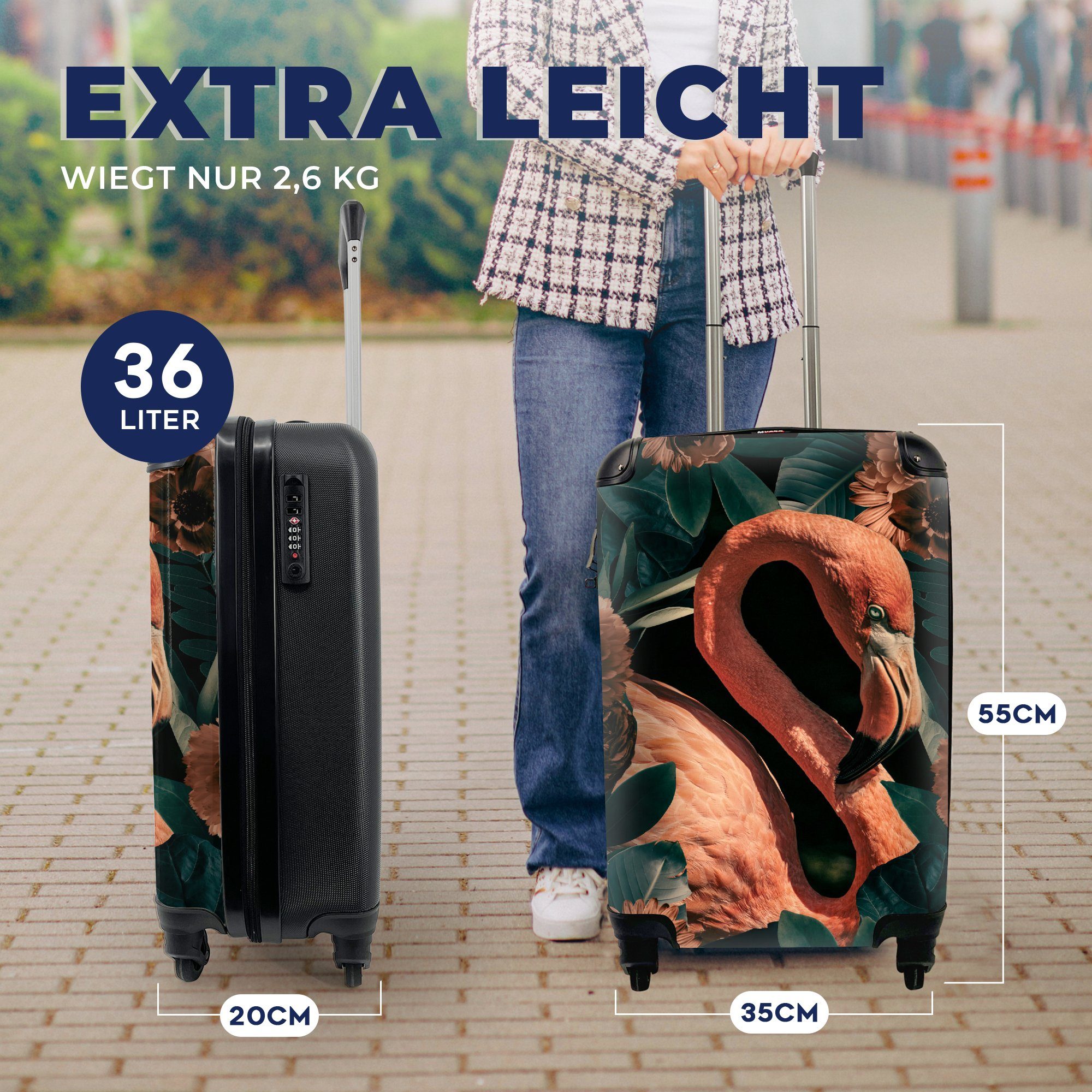 4 - Reisekoffer für Rollen, MuchoWow Handgepäckkoffer - rollen, Ferien, Flamingo, Trolley, Porträt Reisetasche Handgepäck Blumen mit