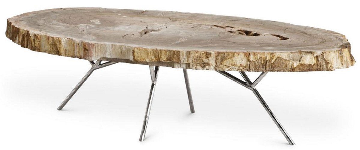 Casa Padrino Couchtisch Luxus Couchtisch Naturfarben / Silber 115 x 68 x H. 35 cm - Edler Wohnzimmertisch mit versteinerter Holz Tischplatte und Edelstahl Beinen - Luxus Möbel