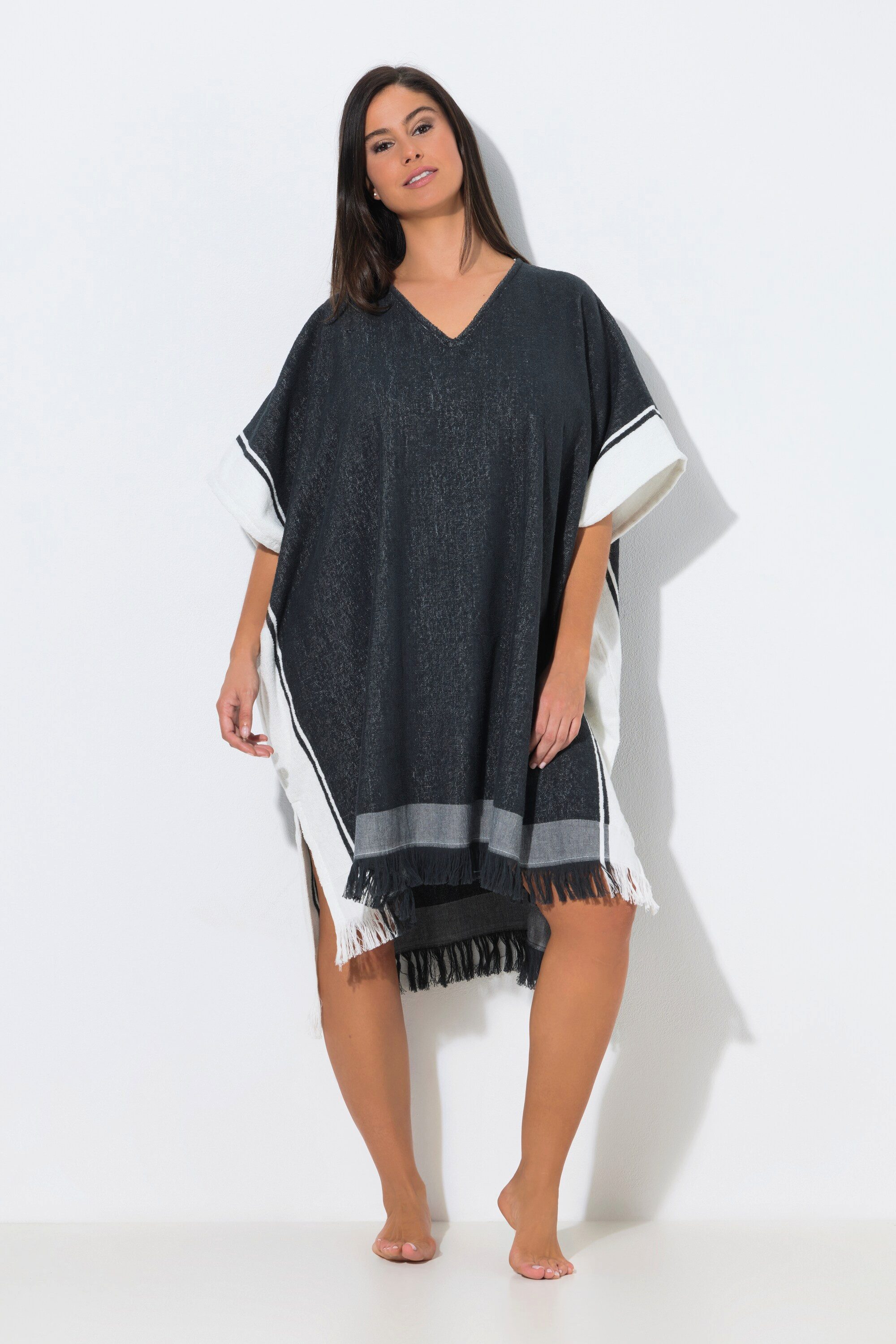 Ulla Popken Bademantel Badeponcho V-Ausschnitt seitliche Streifen, Langform, Materialmix