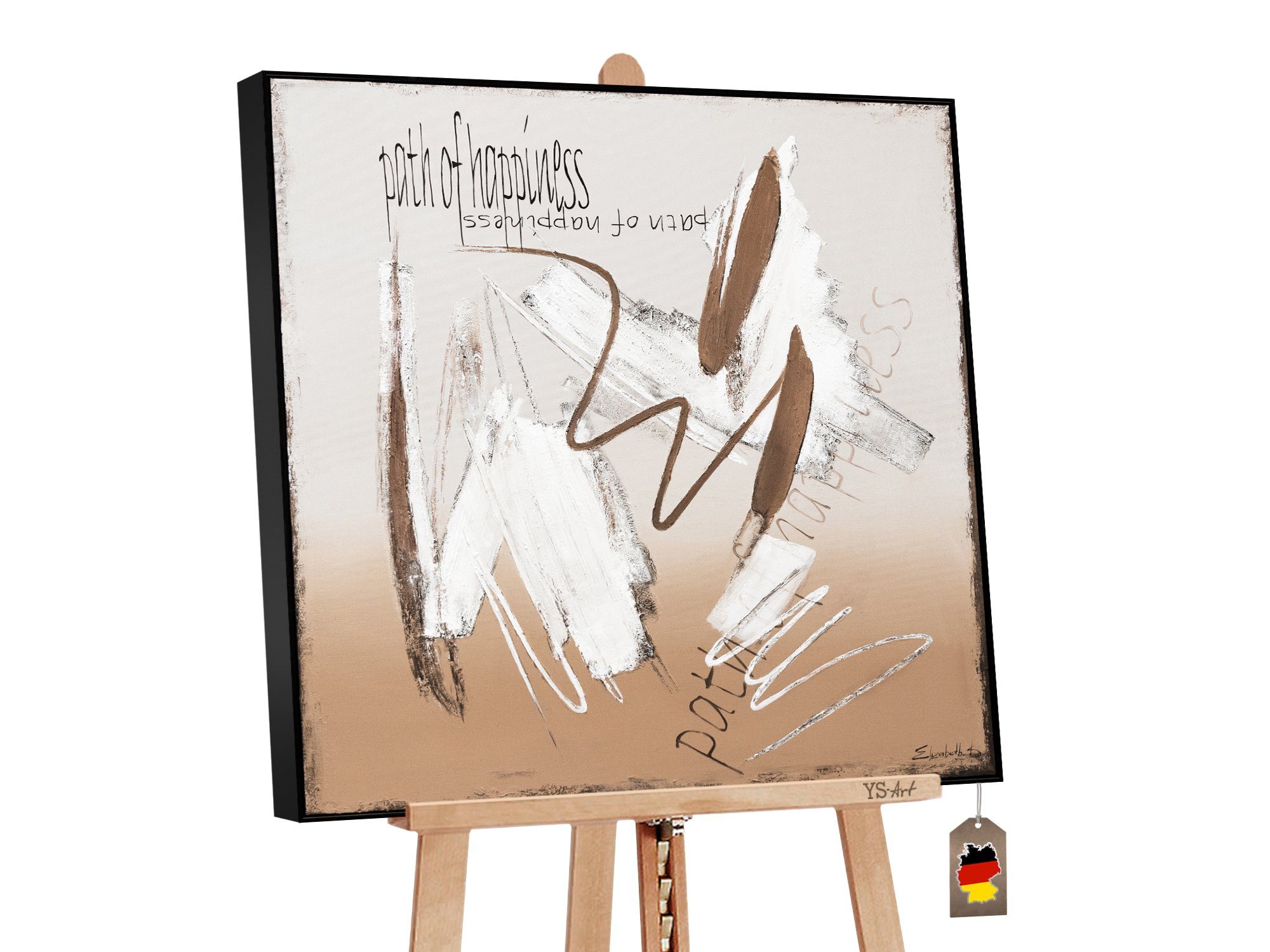 YS-Art Gemälde Der Weg zum Glück, Braunes Quadratisches Leinwand Bild Handgemalt mit Rahmen