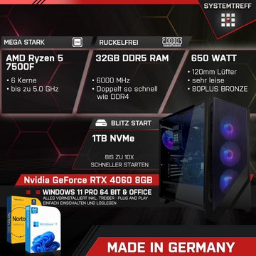 SYSTEMTREFF Gaming-PC (AMD Ryzen 5 7500F, GeForce RTX 4060, 32 GB RAM, 1000 GB SSD, Luftkühlung, Windows 11, WLAN)