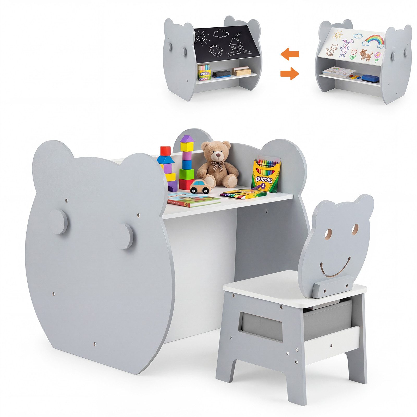 COSTWAY Kindertisch, 3 in 1 mit Stuhl in Bärenform, Maltisch mit Whiteboard