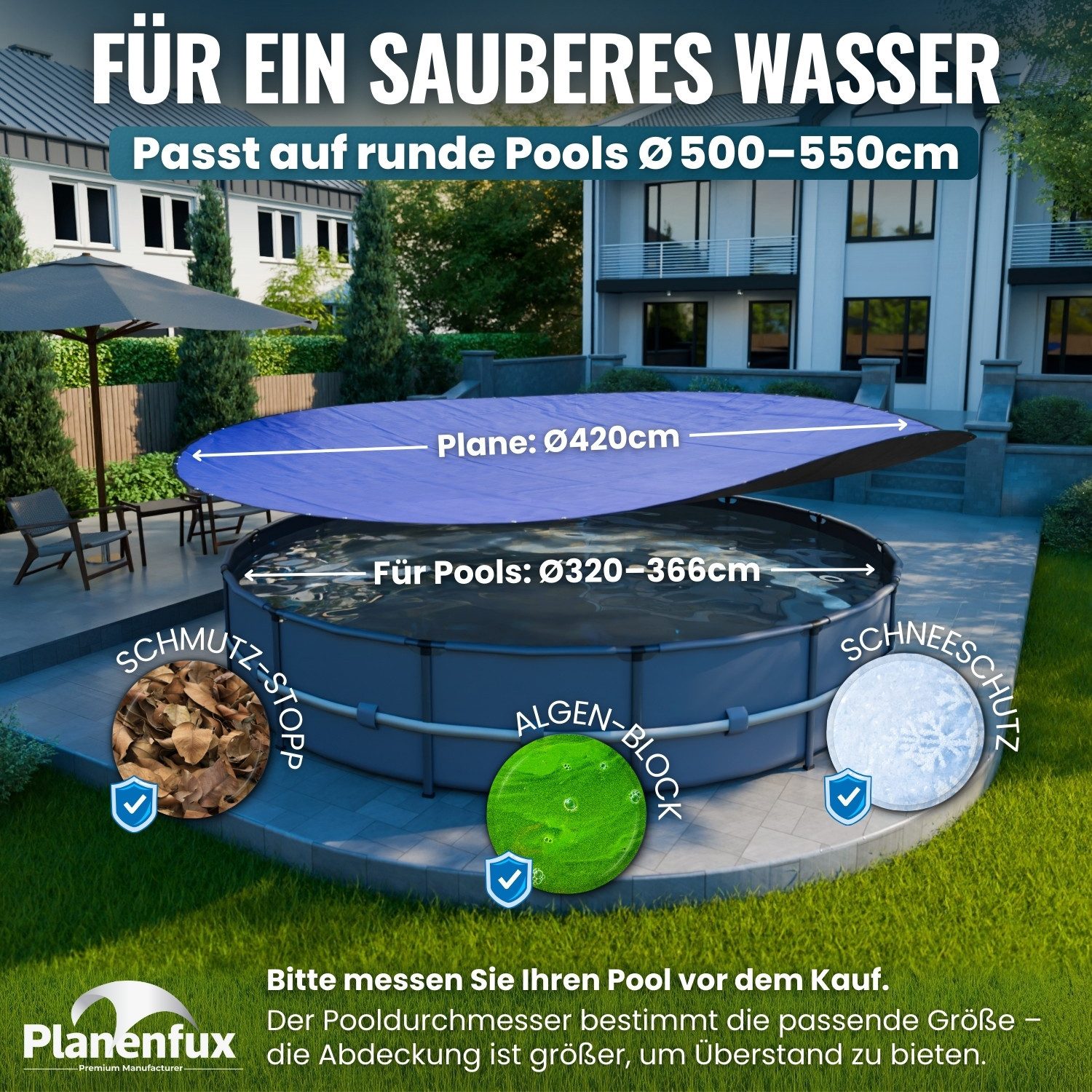Planenfux® Pool-Abdeckplane Poolplanen rund PE Material - Blau (PARENT), Ø 320 - 366 cm Pool Abdeckung rund aus verstärktem 200g/m² PE Material