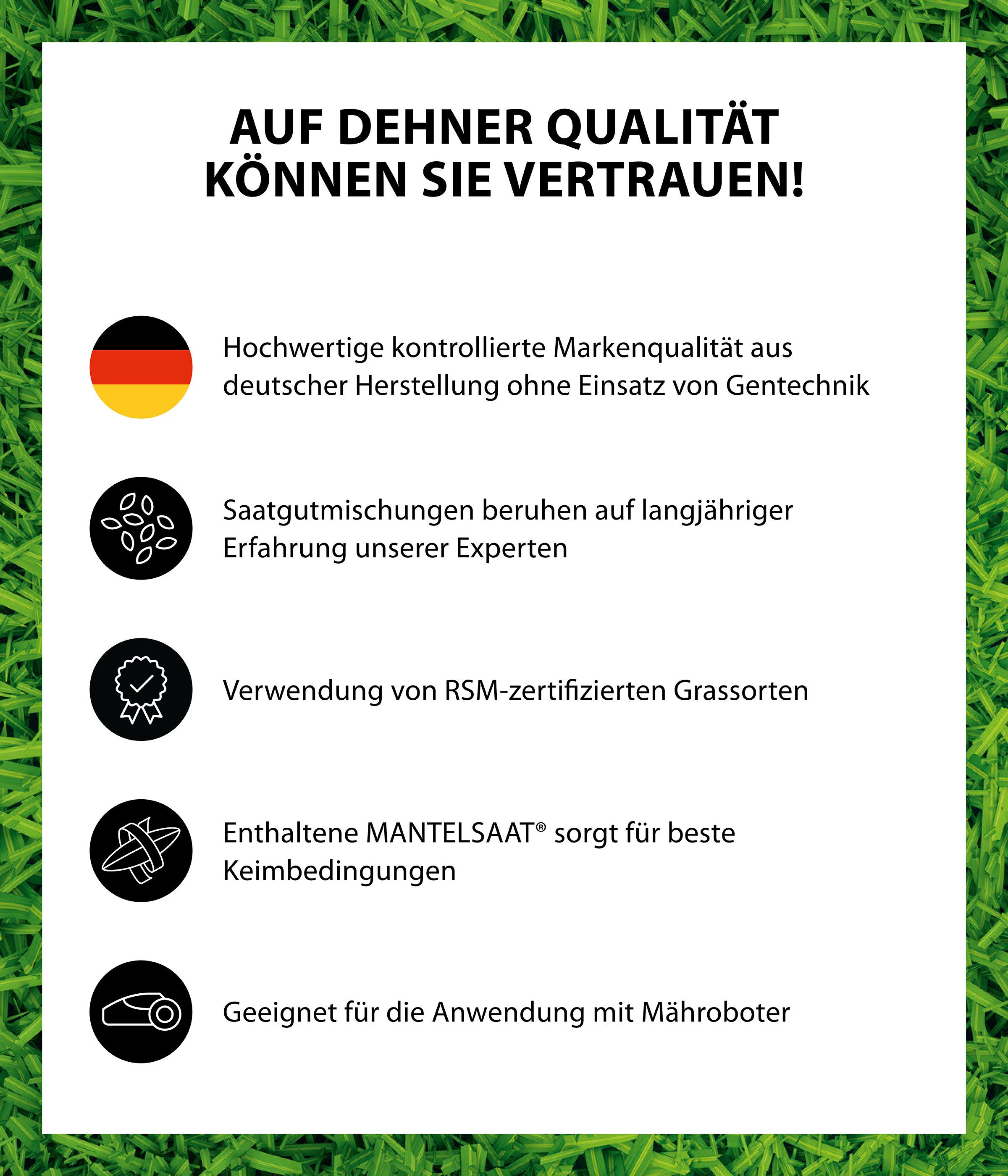 Dehner Rasensamen Herbst-Nachsaat Saatgut, schnell keimend, regenerierend, 750 g, 25 m², robust, nährstoffreich, ideal nach dem Sommer, pflegeleicht