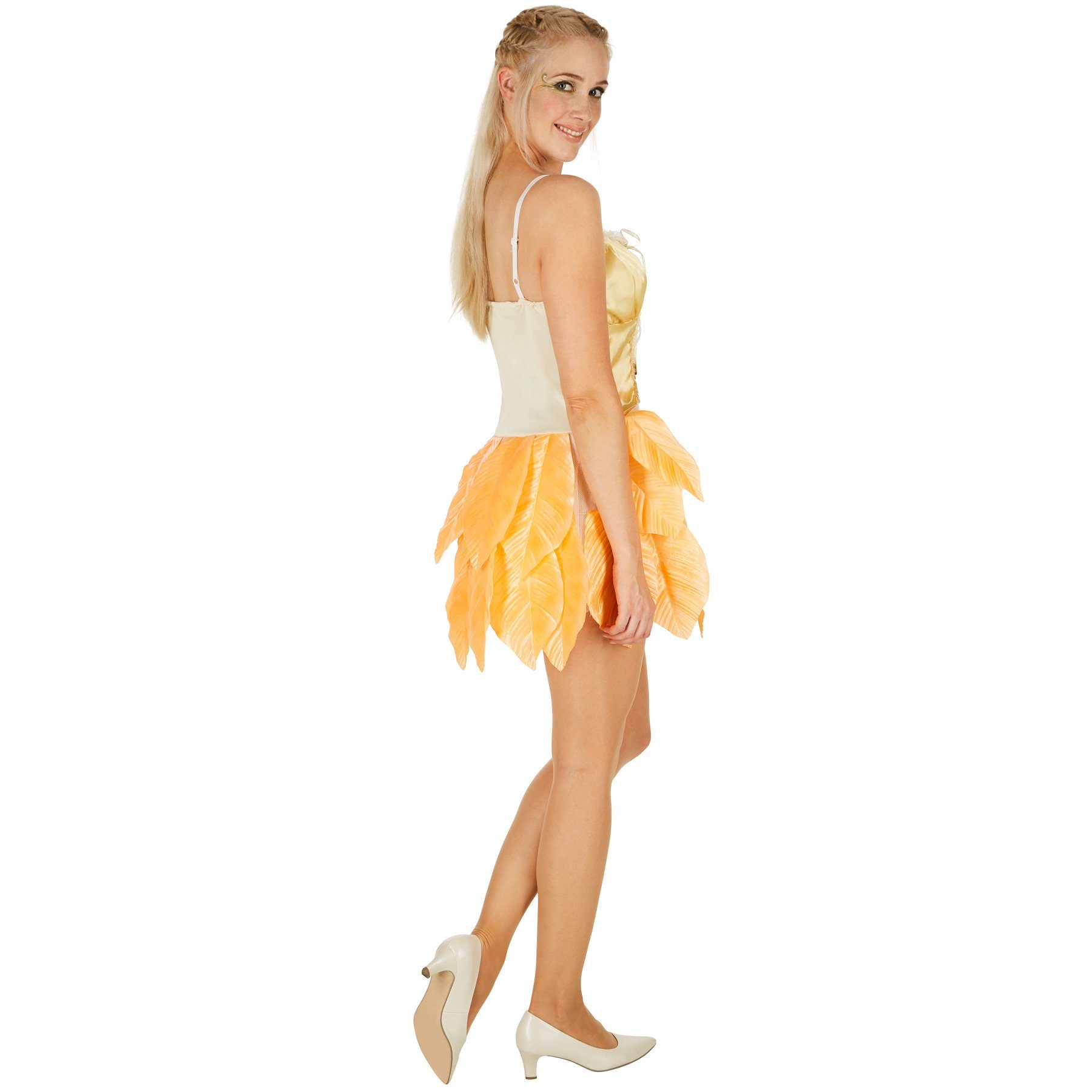 dressforfun Kostüm Elfe, auch Zauberfee, in gelb, Konfektionsgröße XXL, Kurzes Kleid, Korsagenlook, Angenähte Blätter am Unterteil, Zauberhafte Optik