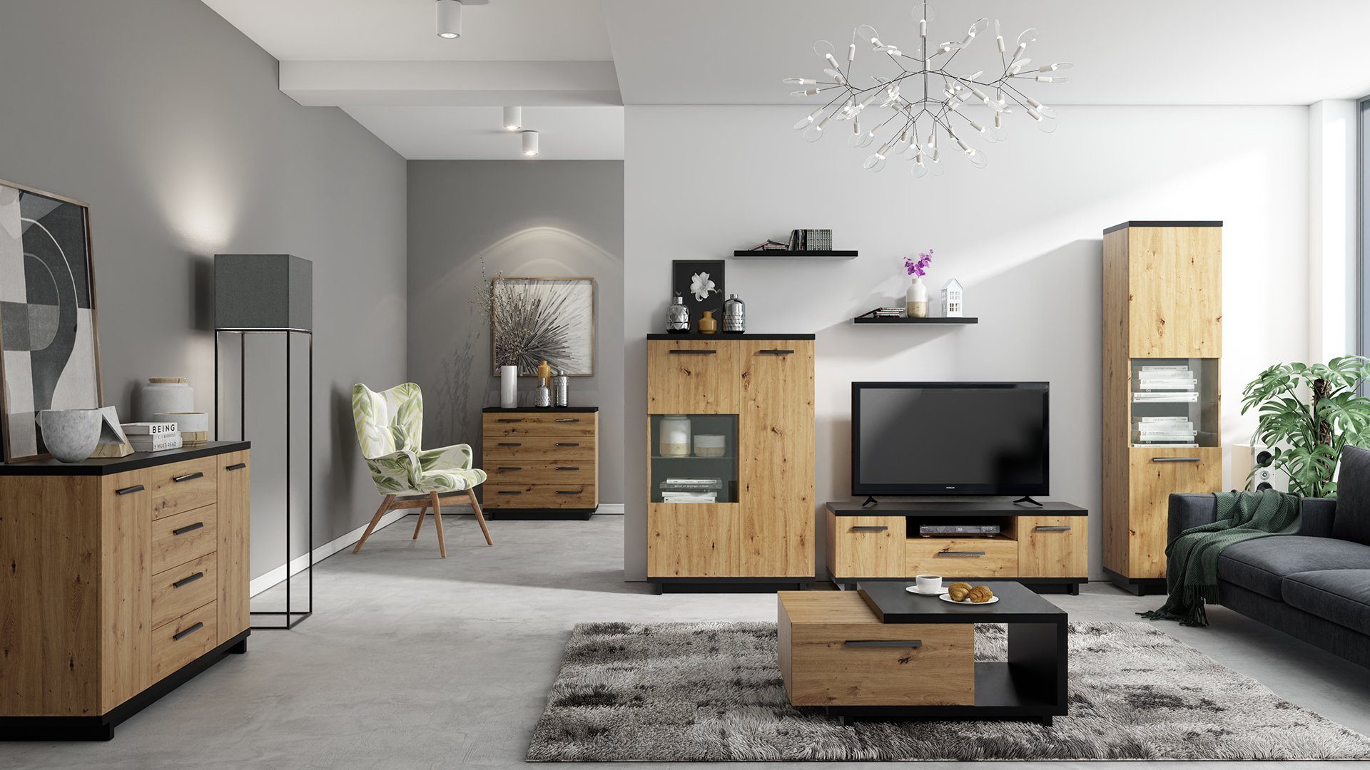 99rooms Wohnwand Soyer Artisan Eiche Melamin Graphit, (Set (8-St), Wohnmöbel), 8-teilig, Glaselemente, FSC-Zertifizierung, variabel stellbar, Modern Design