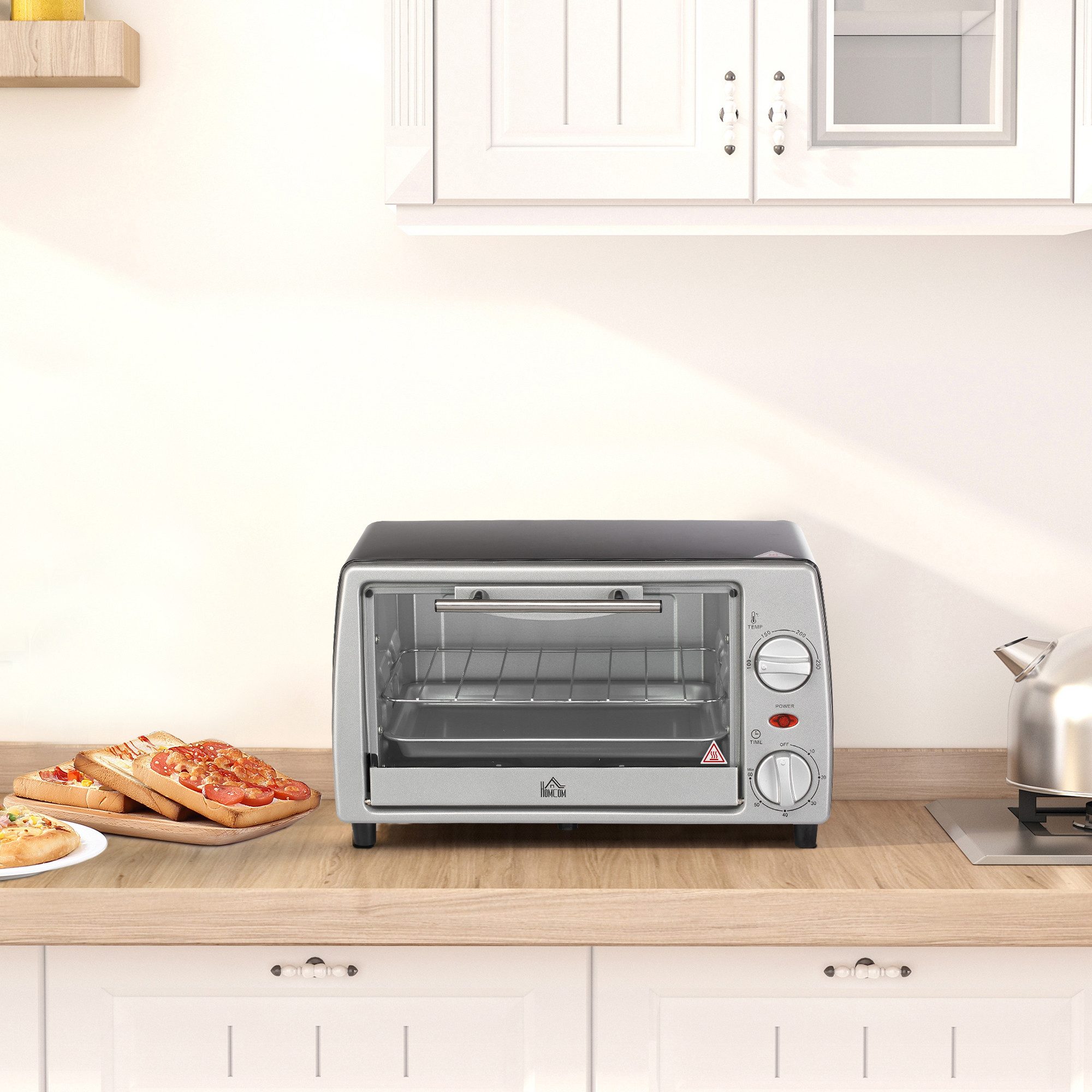 HOMCOM Minibackofen 10 Liter 750W Kleiner Elektrobackofen mit Temperatur, 36,5x26x22 cm Silber