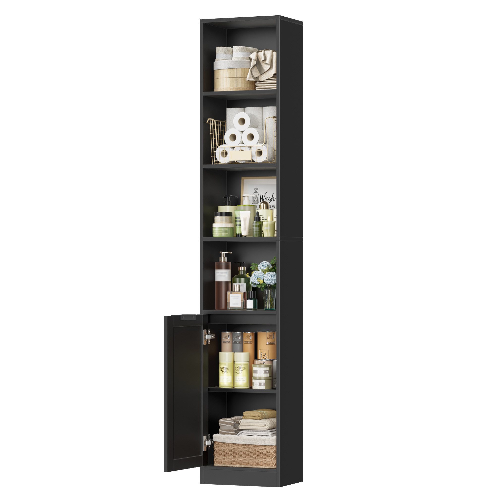 Homfa Hochschrank Badezimmerschrank Badregal mit Tür Regal schmal Standregal für Badezimmer Homeoffice, schwarz, 35x24x186,4 cm