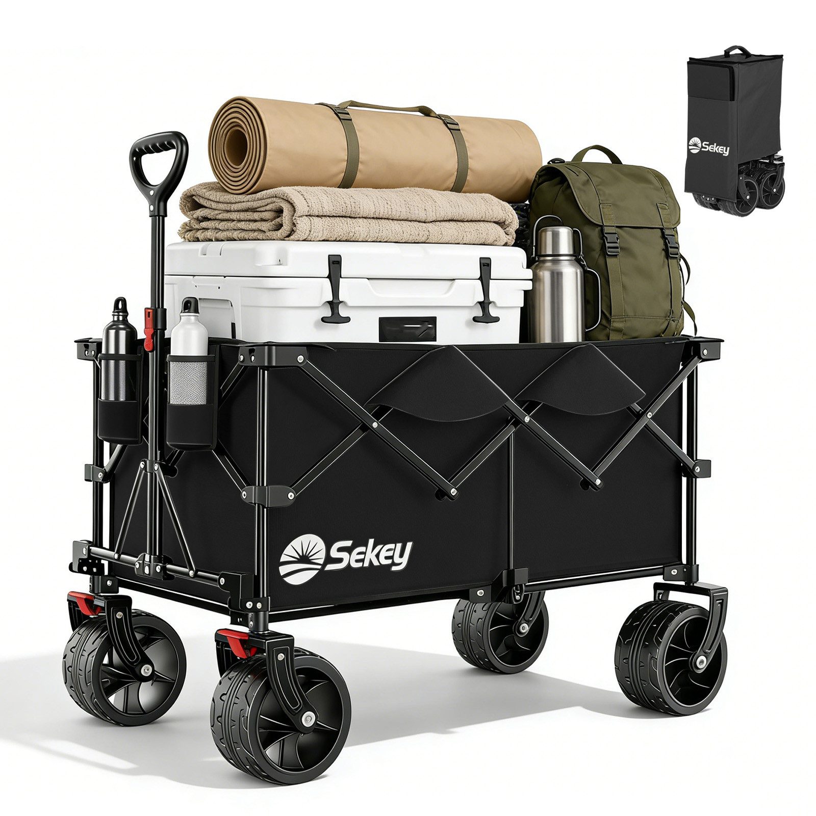 Sekey Bollerwagen Faltbar Handwagen Faltbollerwagen mit extra breiten All-Terrain-Rädern, XXL Plus Bollerwagen 200L 200KG Belastbar, 4-Wege-Sofortaufbau