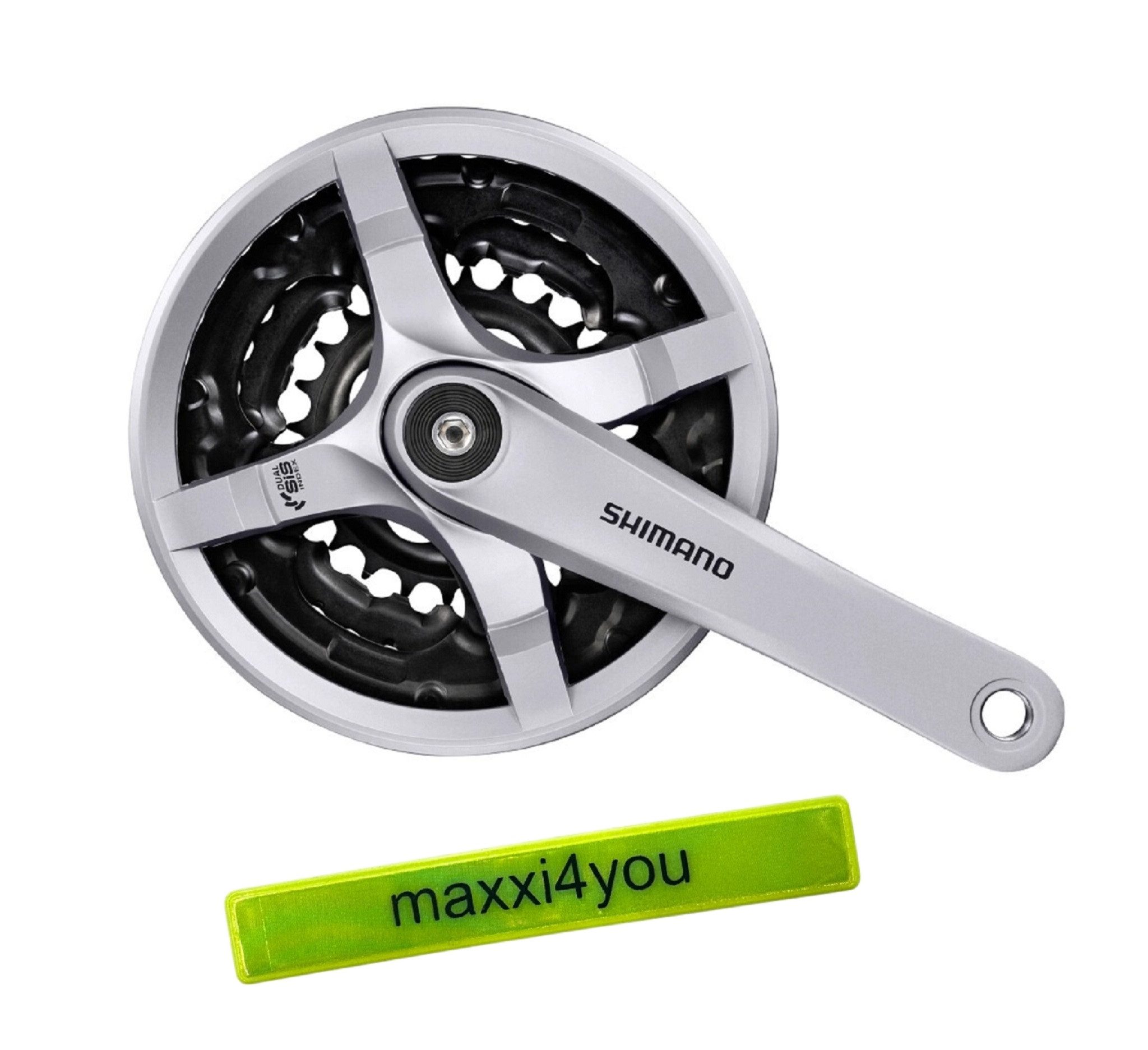 maxxi4you Schaltwerk Shimano Kurbelgarnitur Toruney Silber FC-TY501 inkl. Reflexband