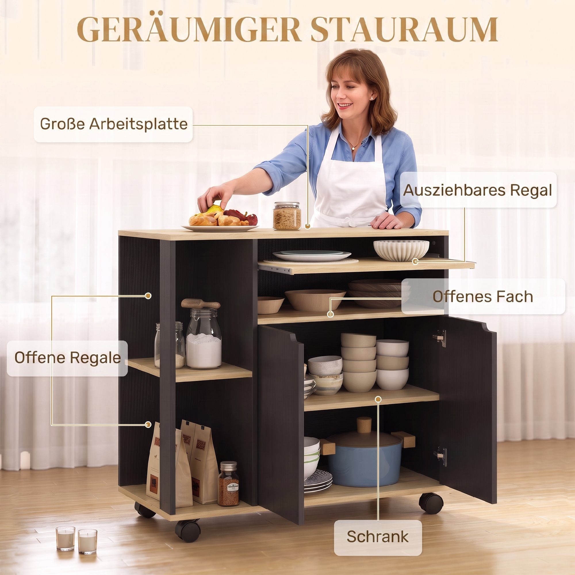 HOMCOM Küchenwagen Servierwagen Küchenregal mit Rollen, Griff, (Set, 1 St., 1), für Küche Bad Büro Wohnzimmer Schwarz – Bild 4 von 5