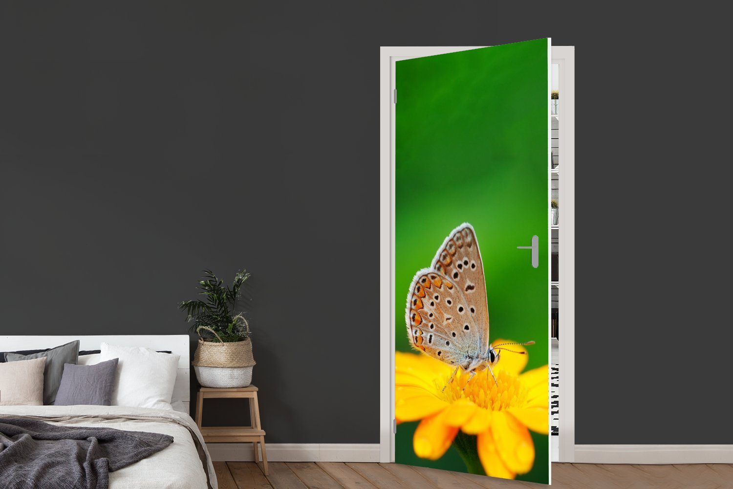 Blumen bedruckt, Fototapete Matt, Tür, Schmetterling Türtapete - cm 75x205 Natur, Türaufkleber, St), für - (1 MuchoWow