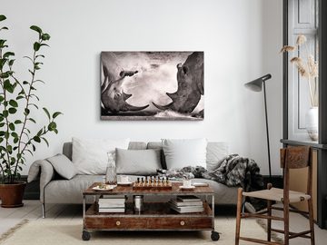 Sinus Art Leinwandbild 120x80cm Wandbild auf Leinwand Nashorn Bullenkampf Schwarz Weiß Afrika, (1 St)